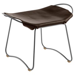 Footstool, Silver Steel and Dark Brown Saddle Leather, Modern Style, Hug