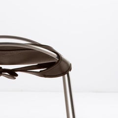 Footstool, Silver Steel and Dark Brown Saddle Leather, Modern Style, Hug