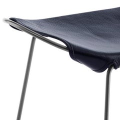 Footstool, Silver Steel and Vegetable Navy Leather, Modern Style