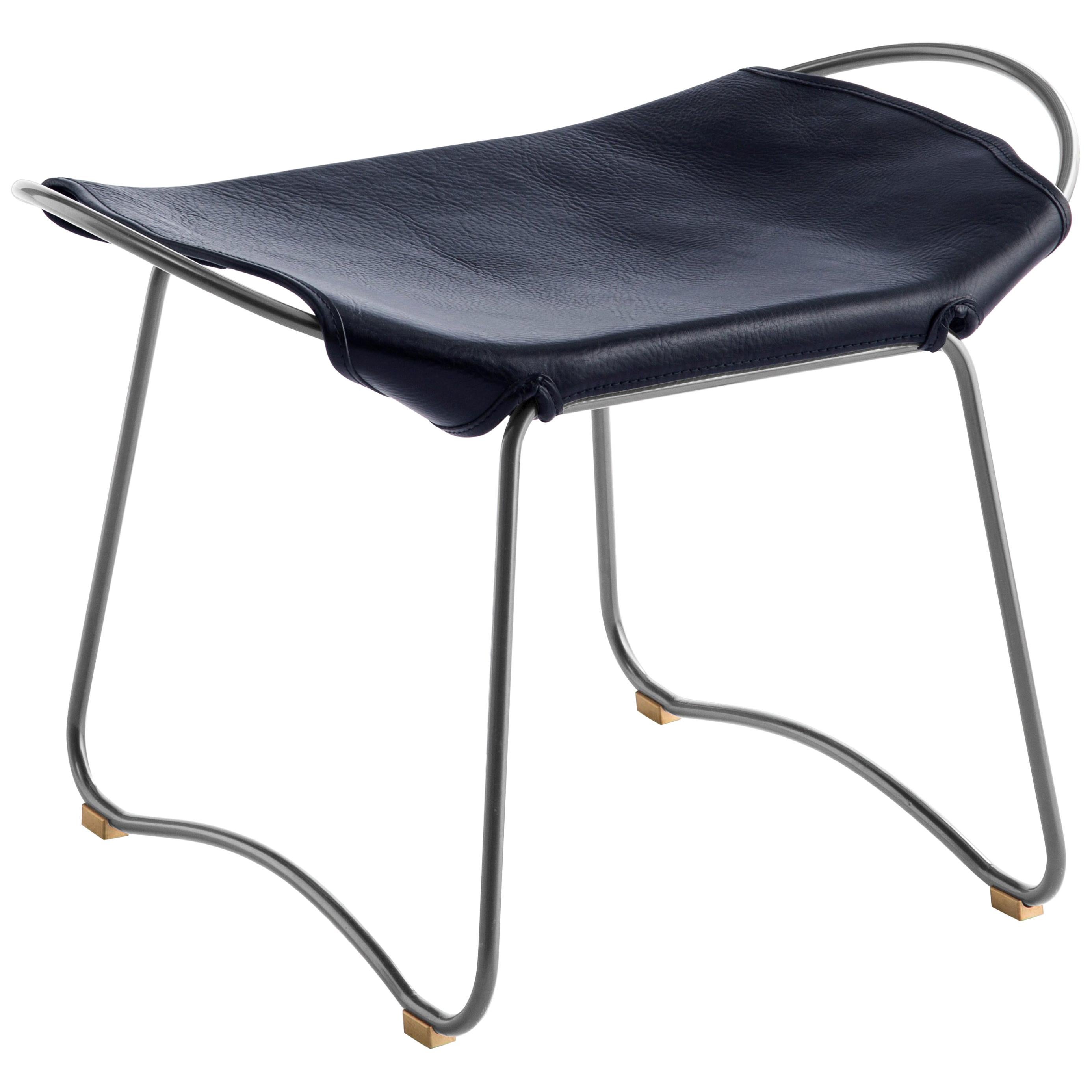 Footstool, Silver Steel and Vegetable Navy Leather, Modern Style 