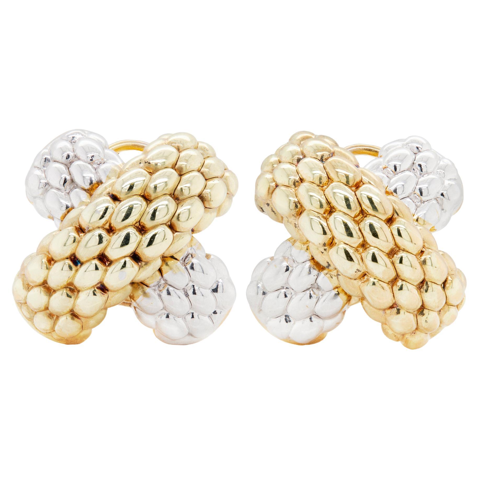 Fope, orecchini a clip in oro bianco e giallo a 18 carati, con due tonalità di tessuto a "X".