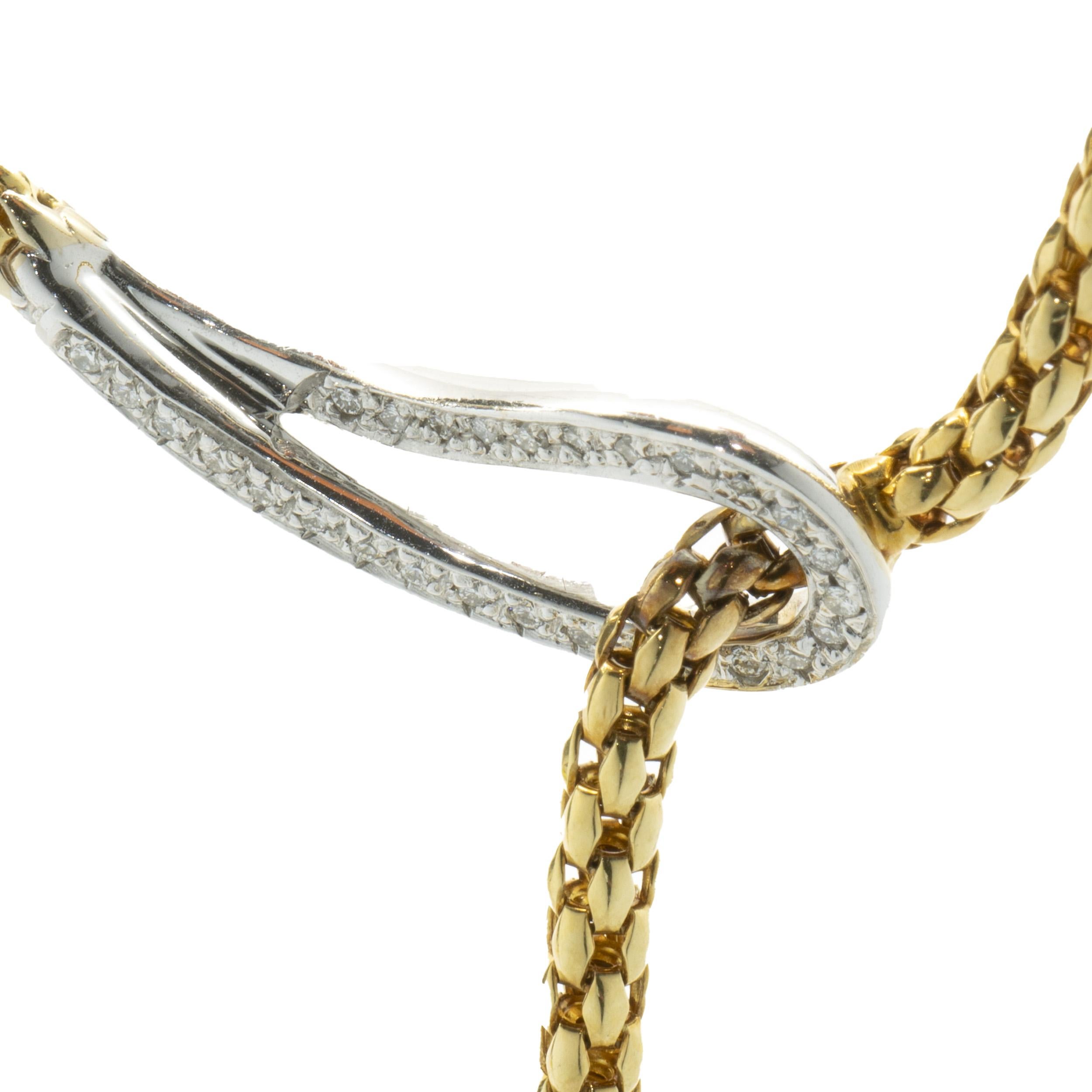 Designer: Fope
Material: 18K yellow & white gold
Diamond: 28 round brilliant cut = 0.15cttw
Color: G
Clarity: VS2
Dimensions: necklace measures 16-inches
Weight: 21.13 grams