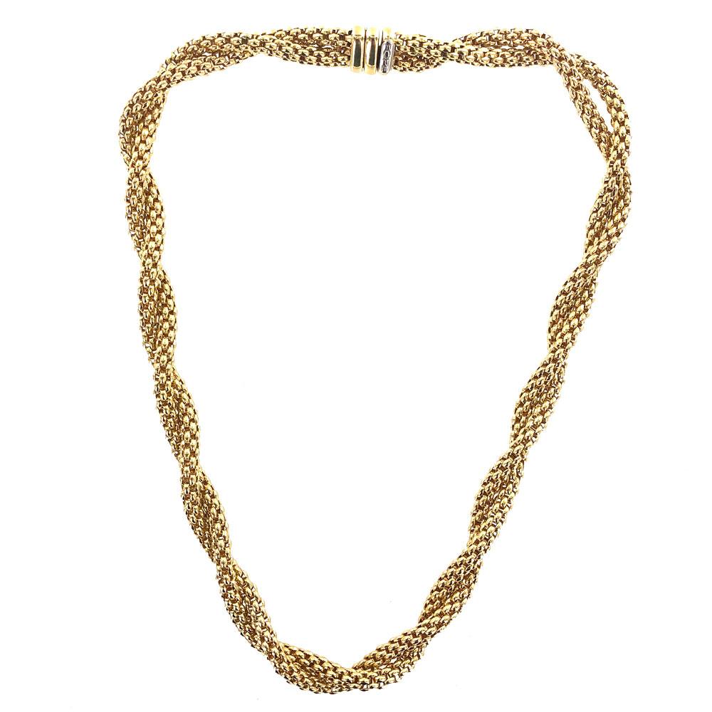 Woven 18 karat yellow gold twist necklace by Italian designer Fope. The necklace features two woven twisted strands that measure 16 inches in length and approximately 9mm in width. Signed Fope with Italian hallmarks. 