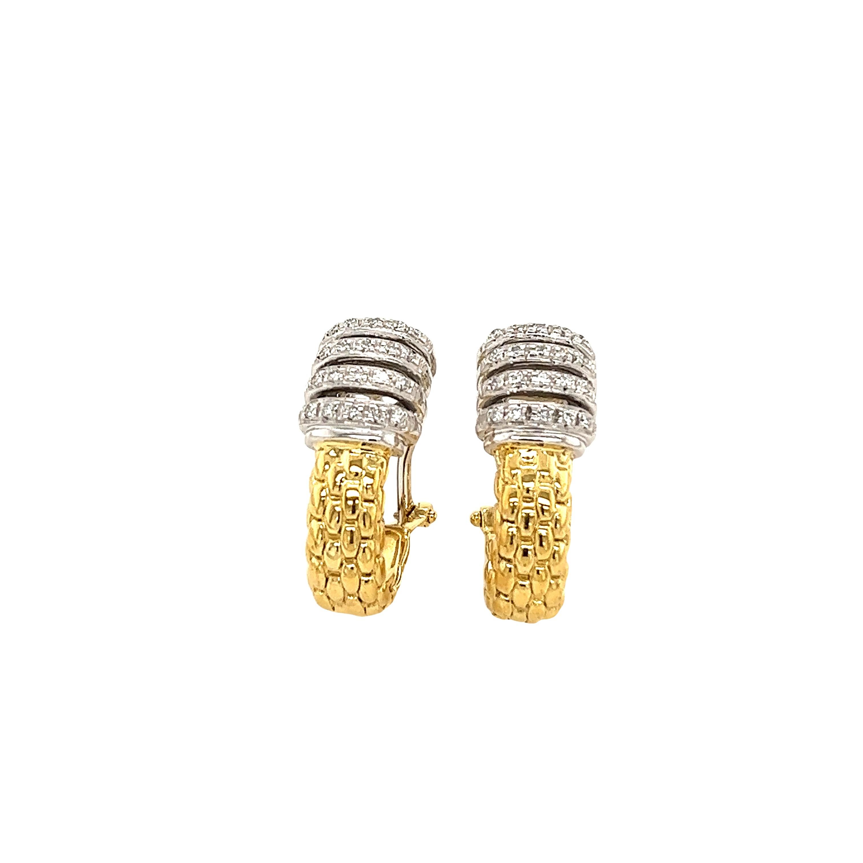 These Fope earrings are exquisitely crafted from 18ct white & yellow gold. 
Finished by hand, this stunning design features 0.20ct of sparkling white diamonds. Completed with secure post and clip fittings It's a must-have pair of earrings for any