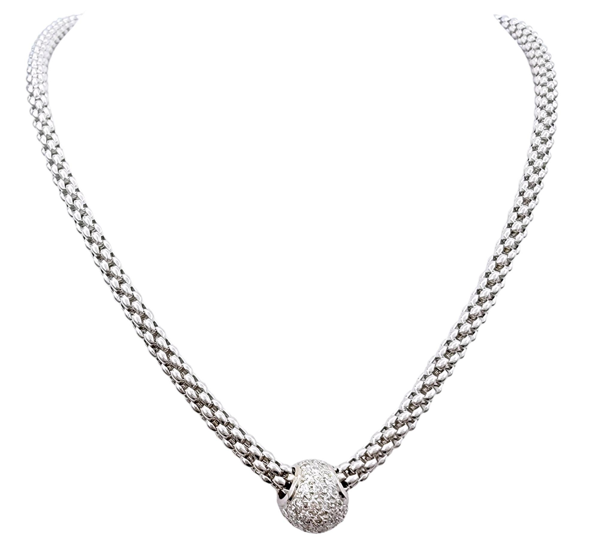 Round Cut Fope Flex'It Pavé Diamond Popcorn Mesh Pendant Necklace in 18 Karat White Gold