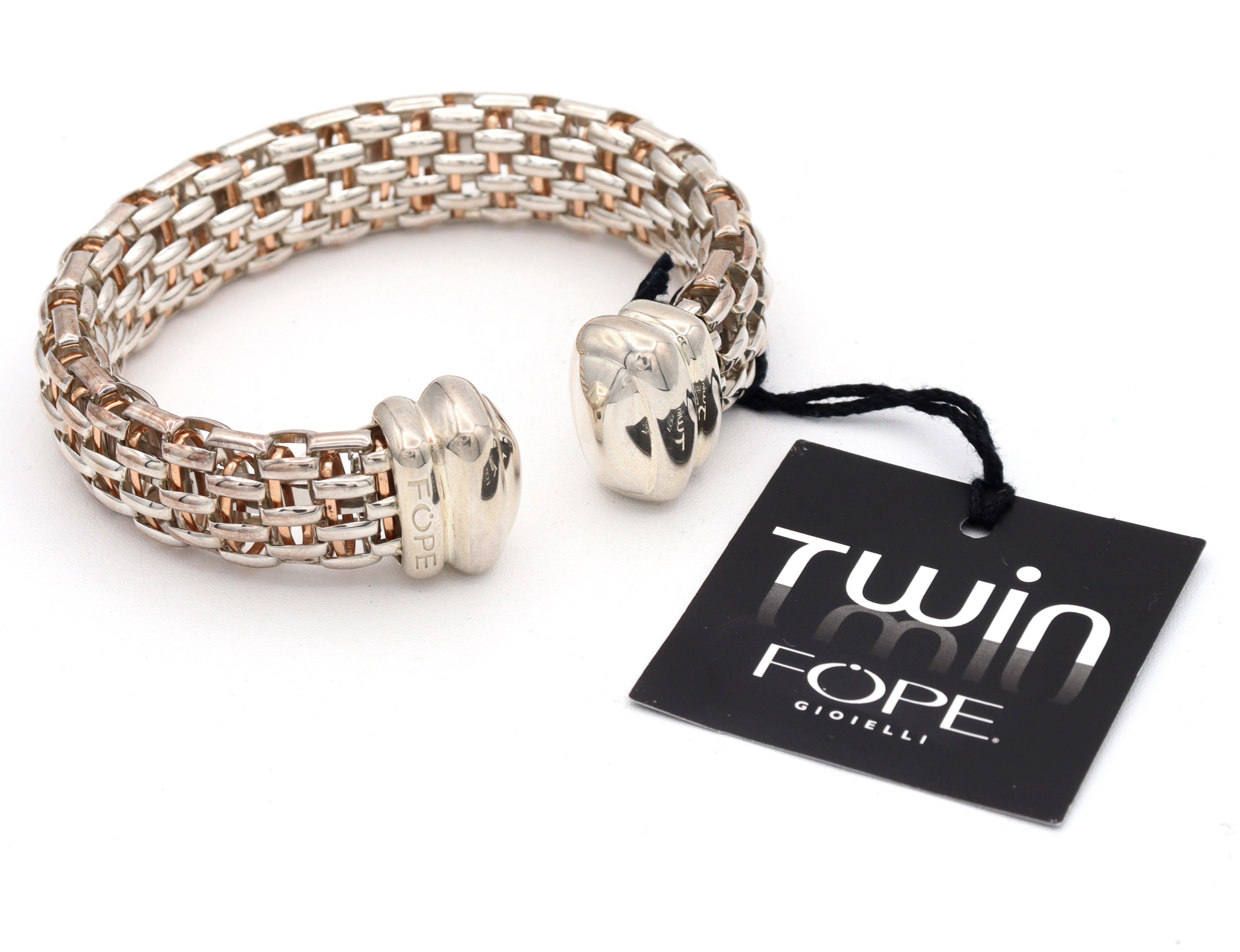 Fope Gioielli Twin Sterling Silver Rope Style Cuff Bracelet Italy, 7
