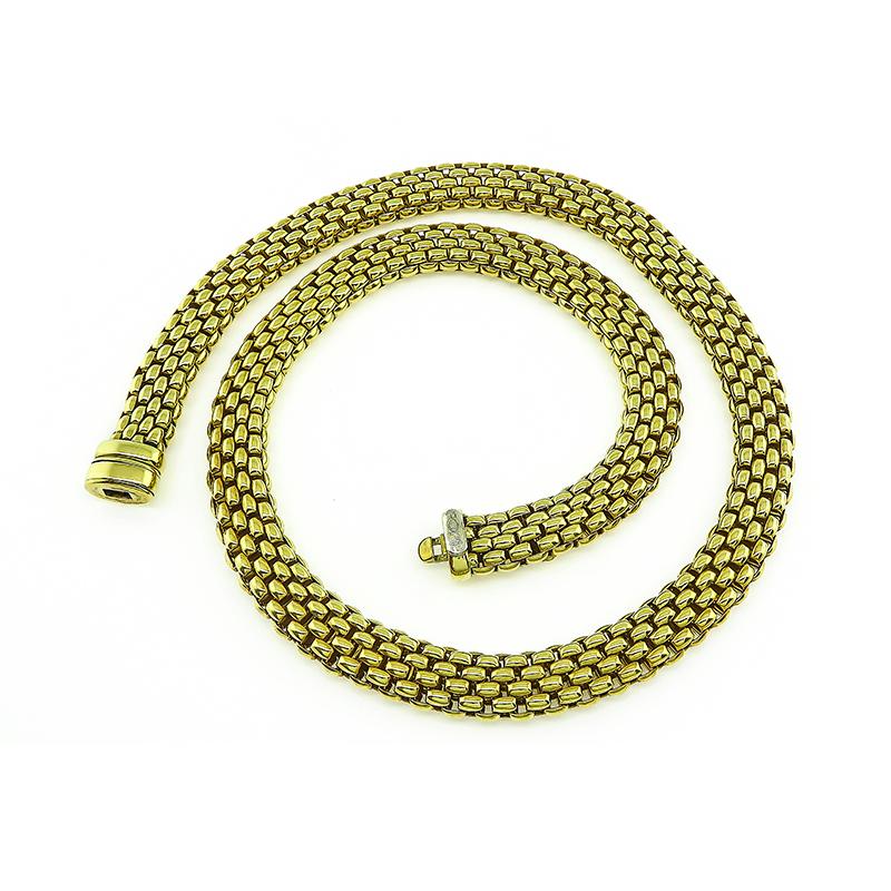 This is a charming 18k yellow gold mesh bracelet by Fope. The necklace measures 9.5mm in width and 17 inches in length. The necklace is signed FOPE 750 and weighs 64.3 grams.

Inventory #55801ANRS