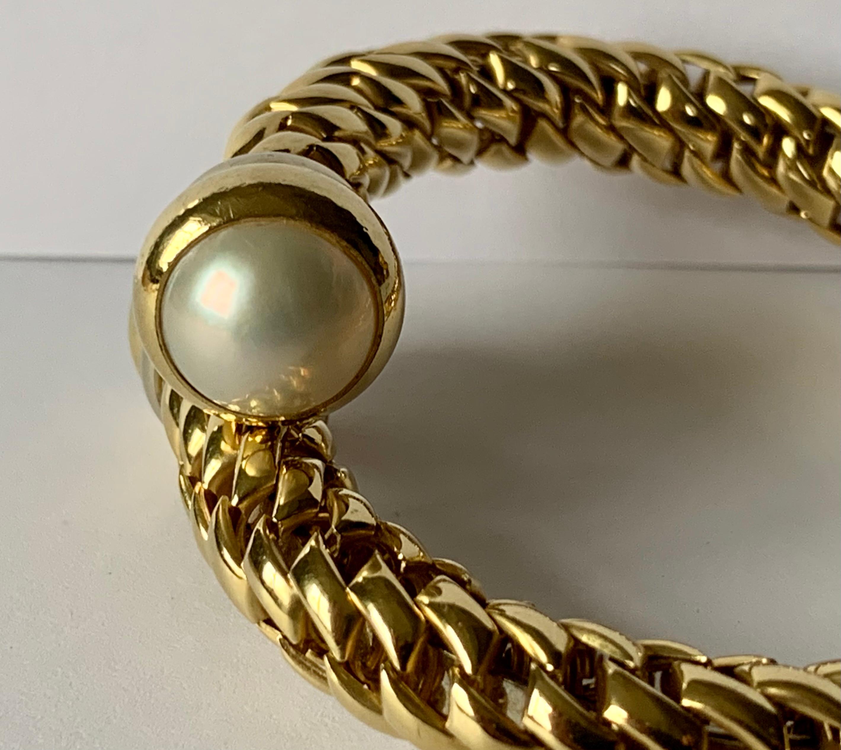 Contemporary Fope Italian 18 Karat Yellow Gold Coil Bracelet Pearl Endcaps