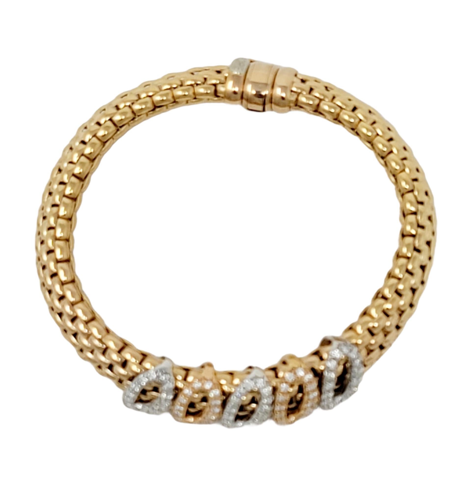 FOPE Novecento Mesh Tri-Tone 18 Karat Gold and Pave Diamond Bracelet .75 Carats 2