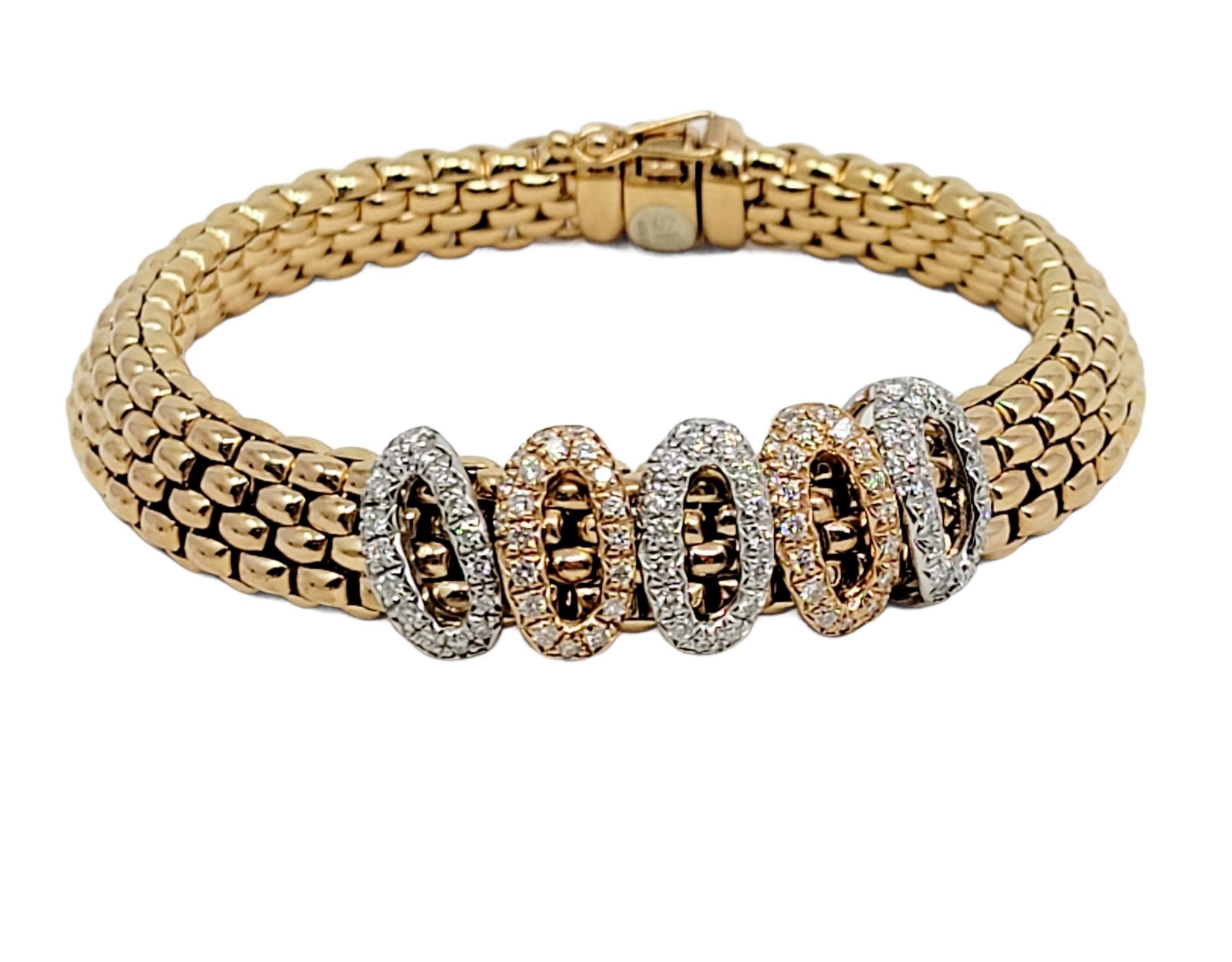 FOPE Novecento Mesh Tri-Tone 18 Karat Gold and Pave Diamond Bracelet .75 Carats 3