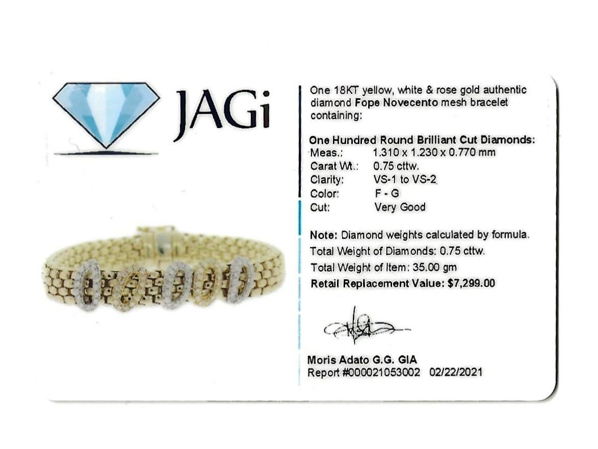 FOPE Novecento Mesh Tri-Tone 18 Karat Gold and Pave Diamond Bracelet .75 Carats 4