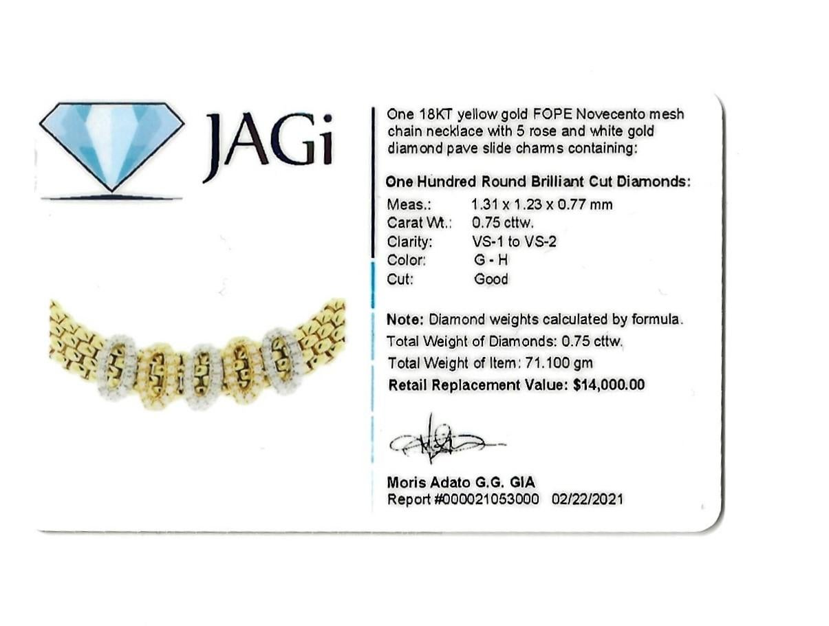 Fope Novecento Mesh Tri-Tone 18 Karat Gold and Pave Diamond Necklace .75 Carats For Sale 1