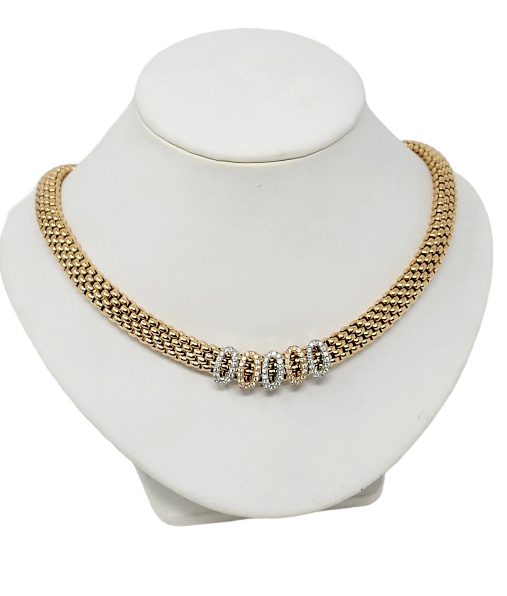 Brighten up your neck with this gorgeous glittering pave diamond station necklace by FOPE. Featuring 100 shimmering diamonds and a multi-tone gold setting, the flexible mesh design of this beautiful piece offers a comfortable elegance that sparkles