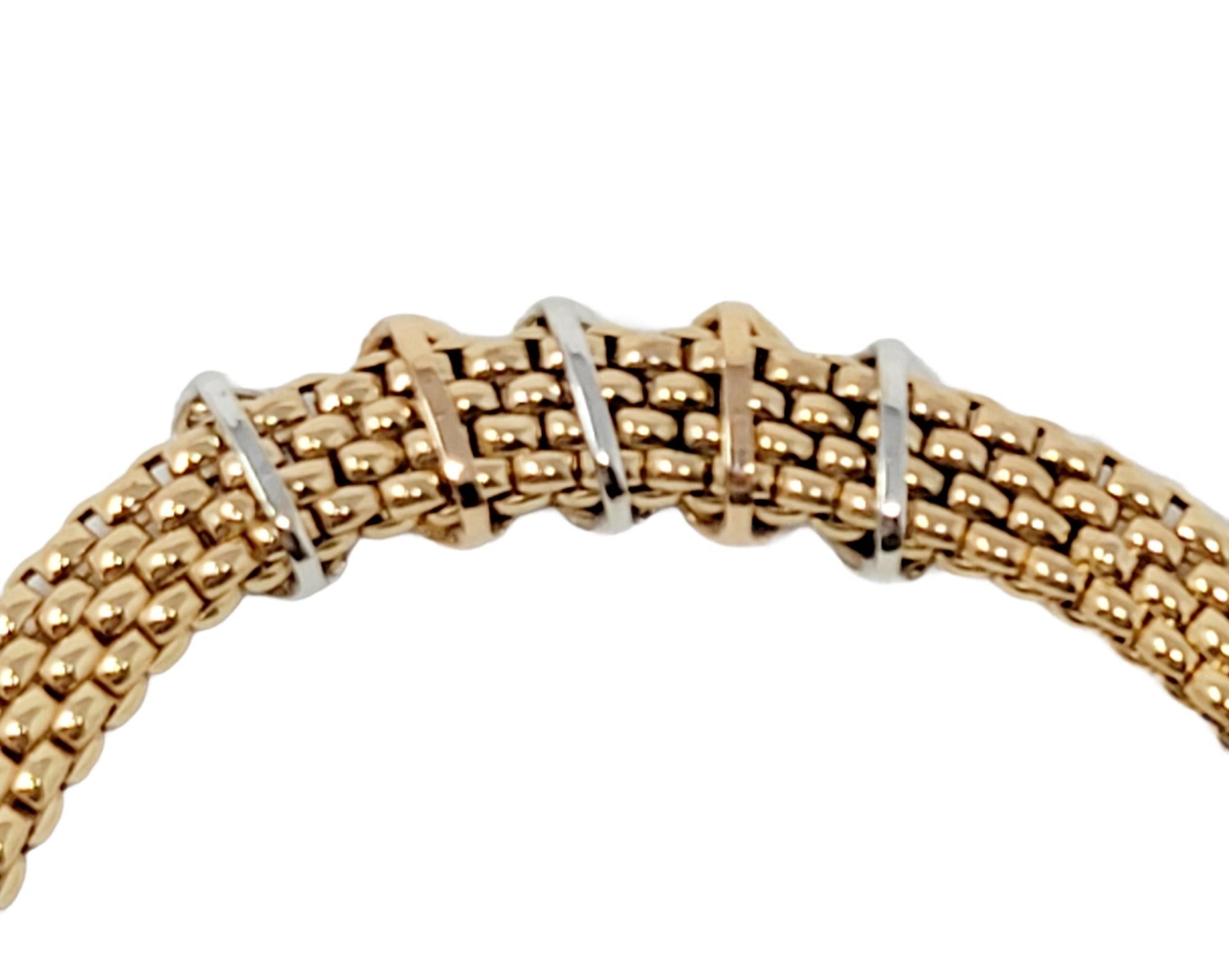 Round Cut Fope Novecento Mesh Tri-Tone 18 Karat Gold and Pave Diamond Necklace .75 Carats For Sale