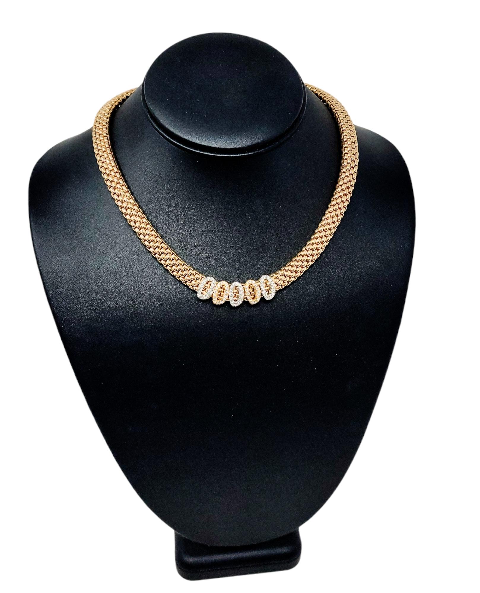 Women's Fope Novecento Mesh Tri-Tone 18 Karat Gold and Pave Diamond Necklace .75 Carats For Sale
