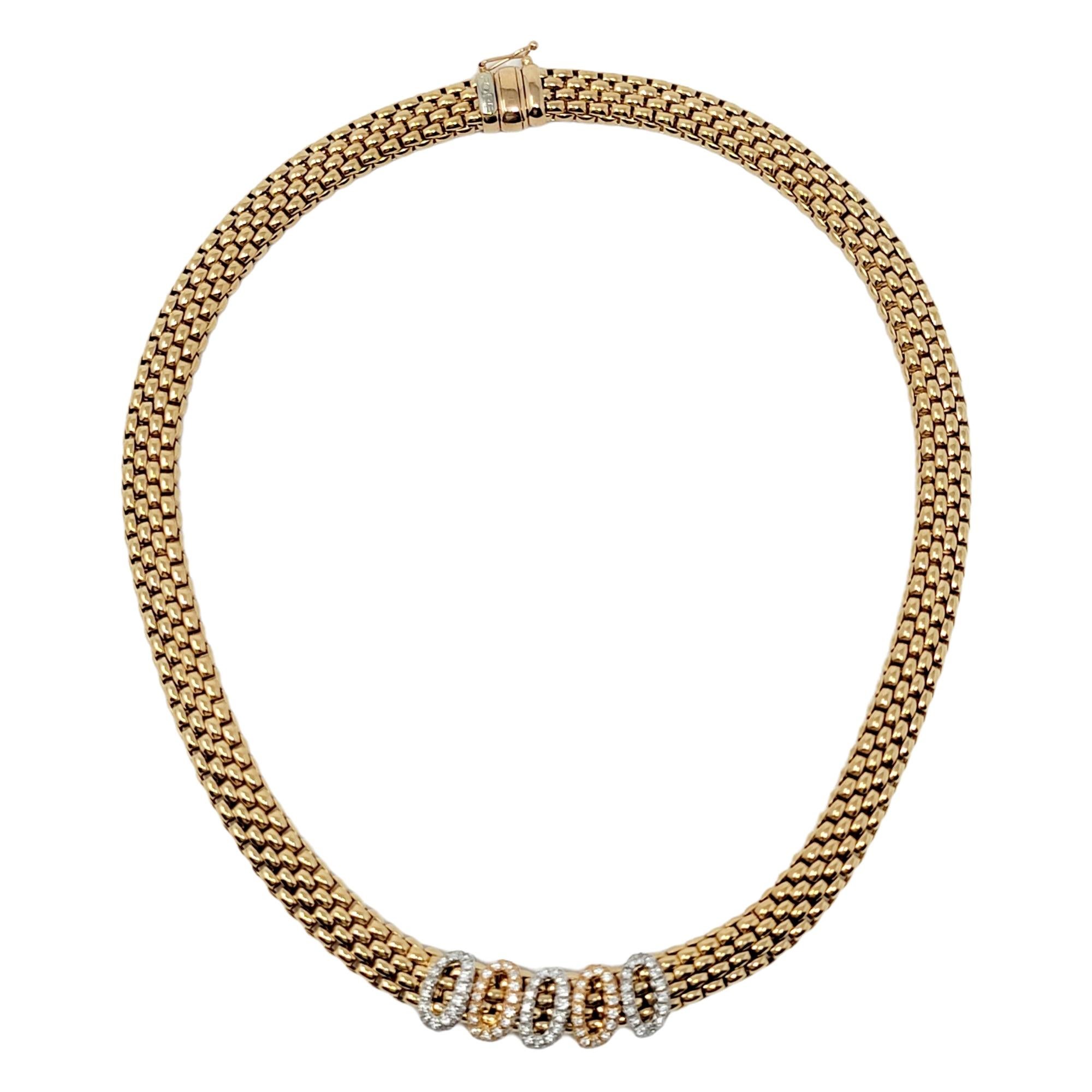 Fope Novecento Mesh Tri-Tone 18 Karat Gold and Pave Diamond Necklace .75 Carats