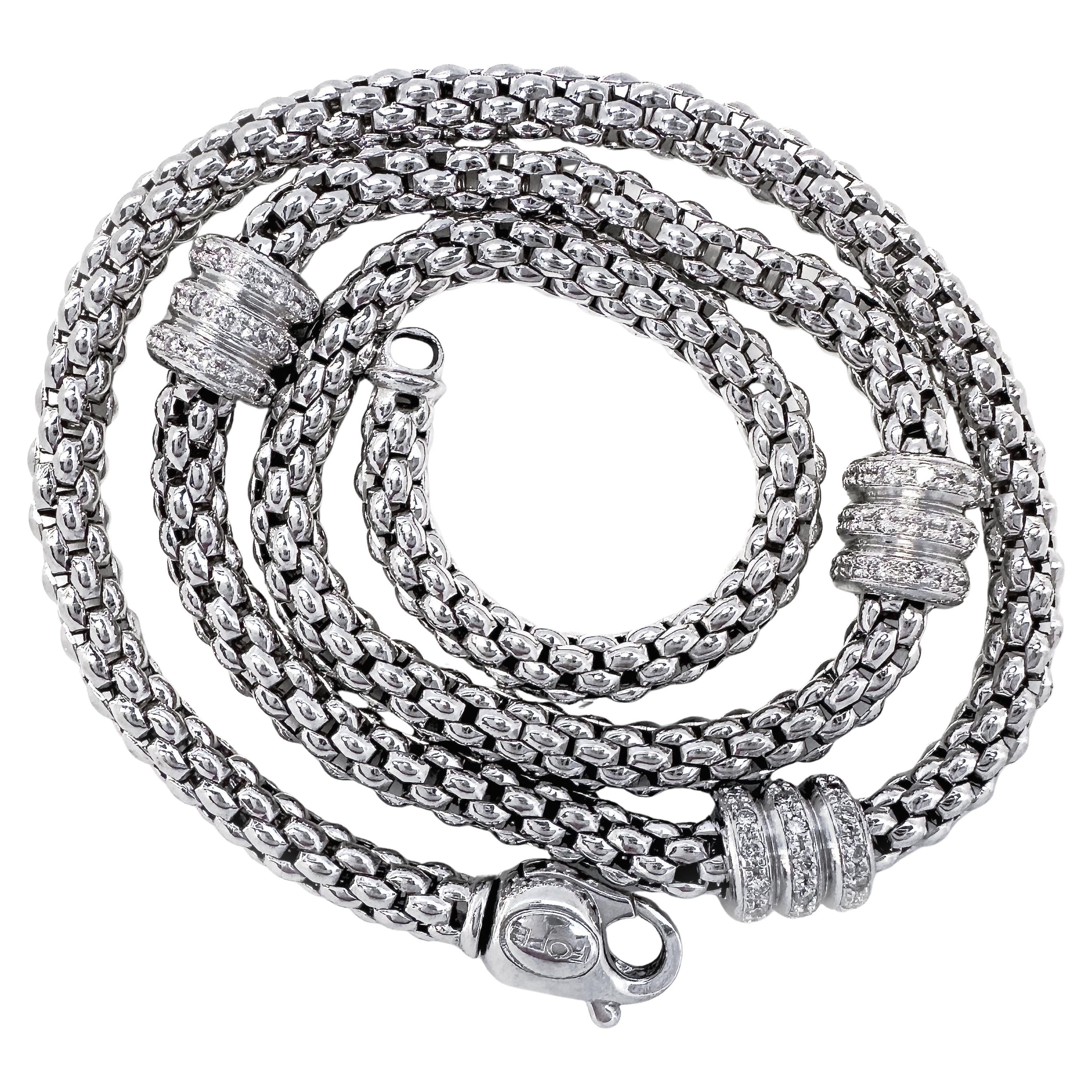Fope Popcorn Mesh Chain in 18K White Gold w 3 Diamond Barrel Stations, 17" 
4mm For Sale