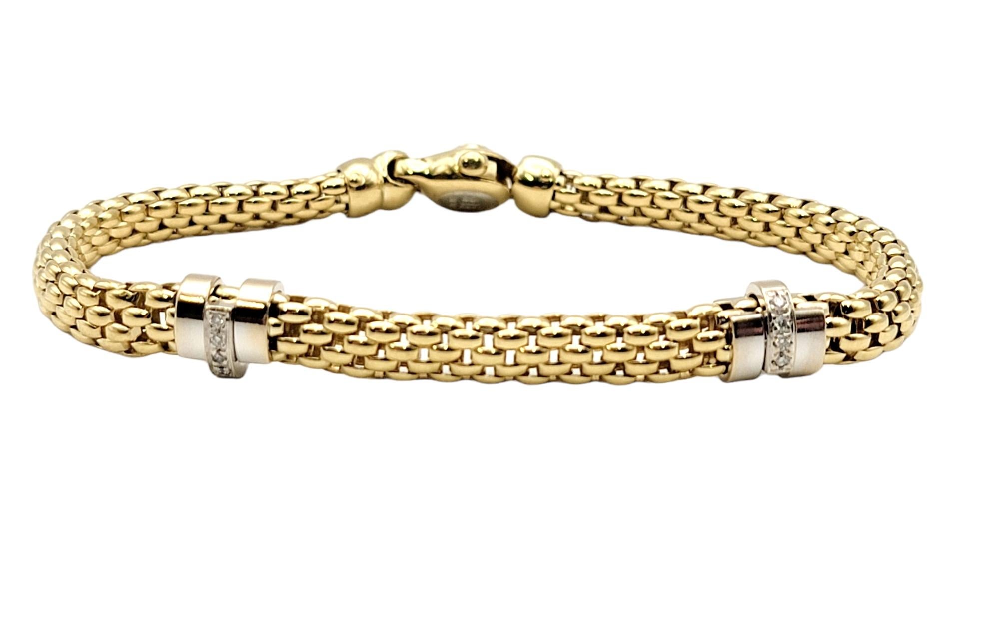 Contemporary designer bracelet by FOPE will wrap your wrist in modern sophistication. The flexible mesh design of this beautiful piece offers a comfortable elegance while the natural diamond accents add some sparkle and shine to your look.  

Metal: