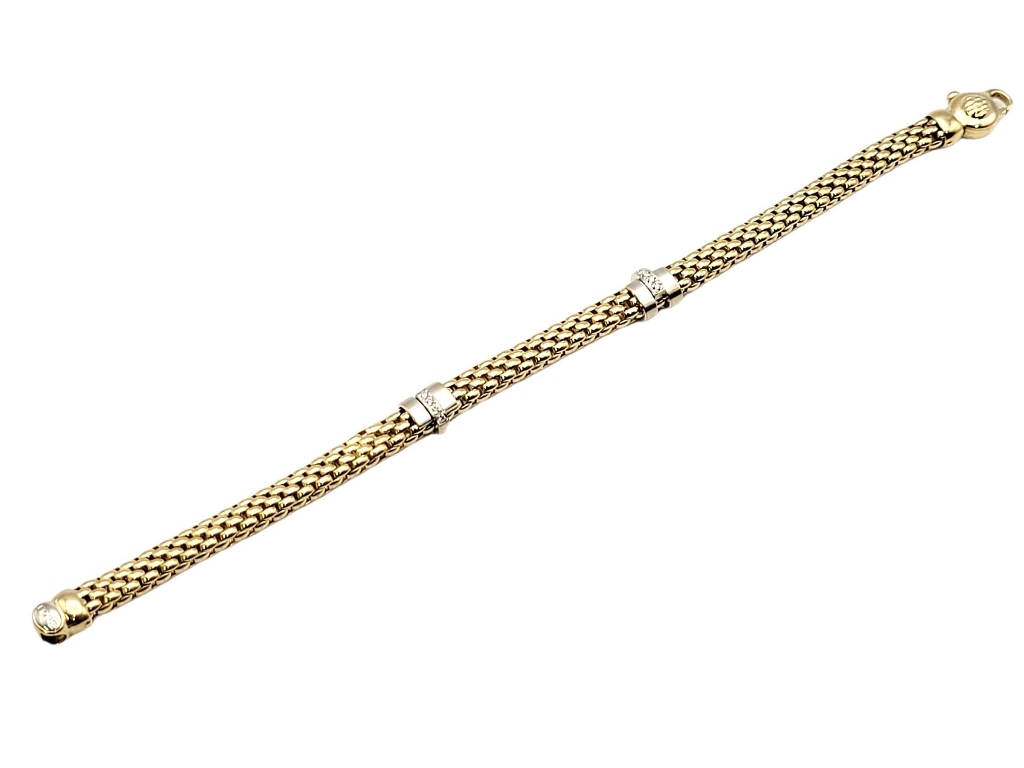 Contemporary FOPE Two Tone 18 Karat Gold Mesh Link Bracelet with Pave Diamond Accents