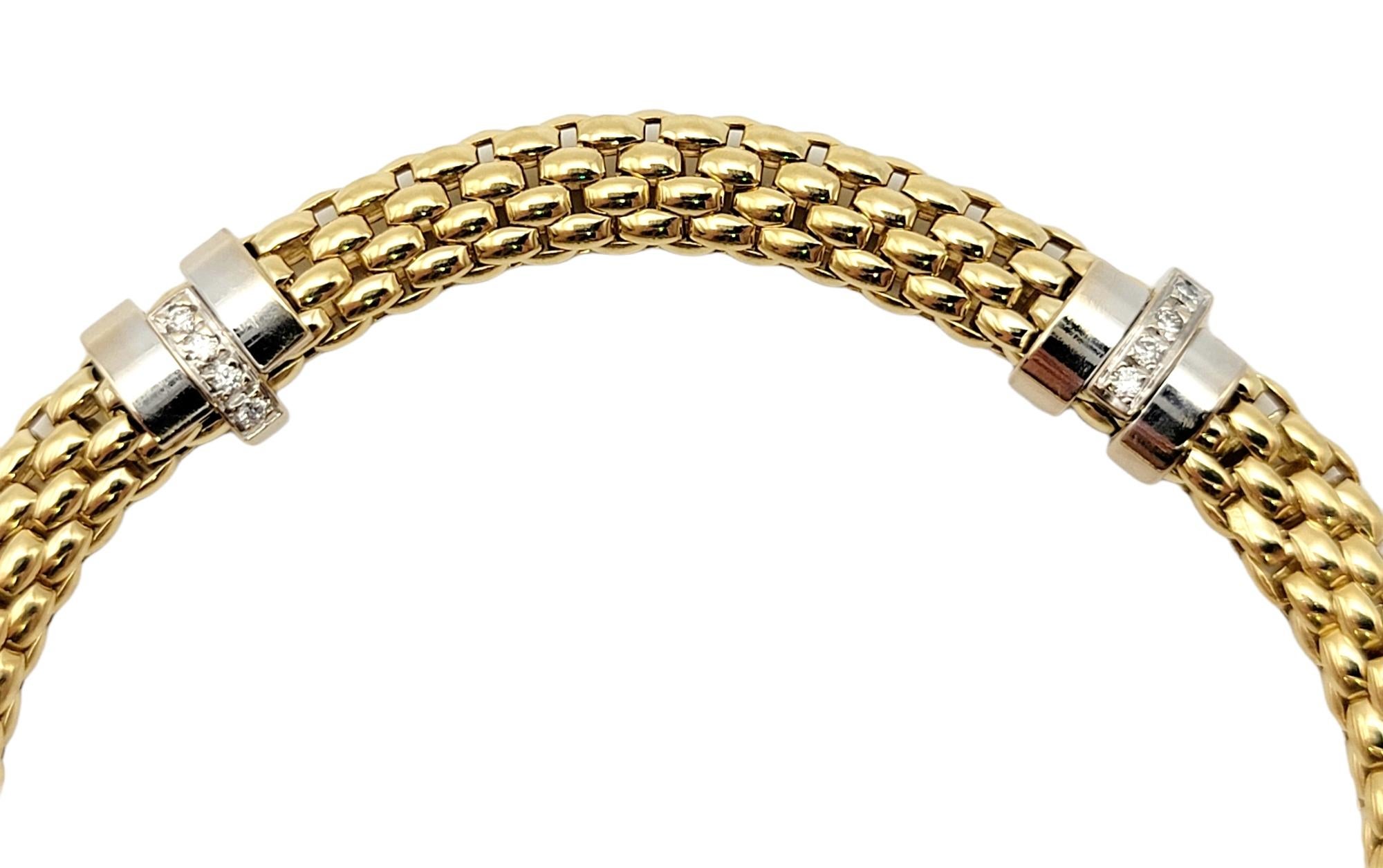 Round Cut FOPE Two Tone 18 Karat Gold Mesh Link Bracelet with Pave Diamond Accents