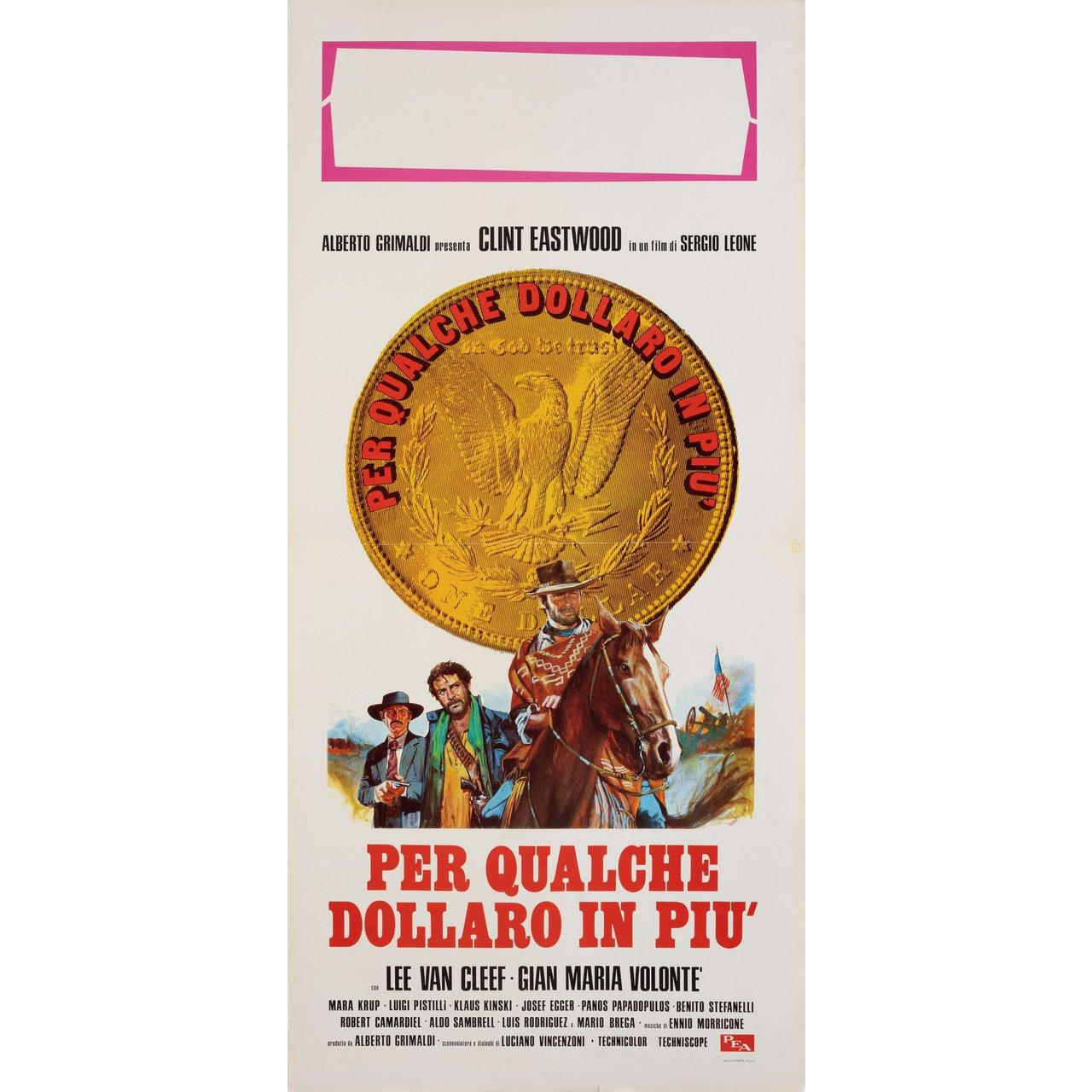 Original 1970s re-release Italian locandina poster for the 1965 film For a Few Dollars More (Per qualche dollaro in piu) directed by Sergio Leone with Clint Eastwood / Lee Van Cleef / Gian Maria Volonte / Mario Brega. Very Good-Fine condition,