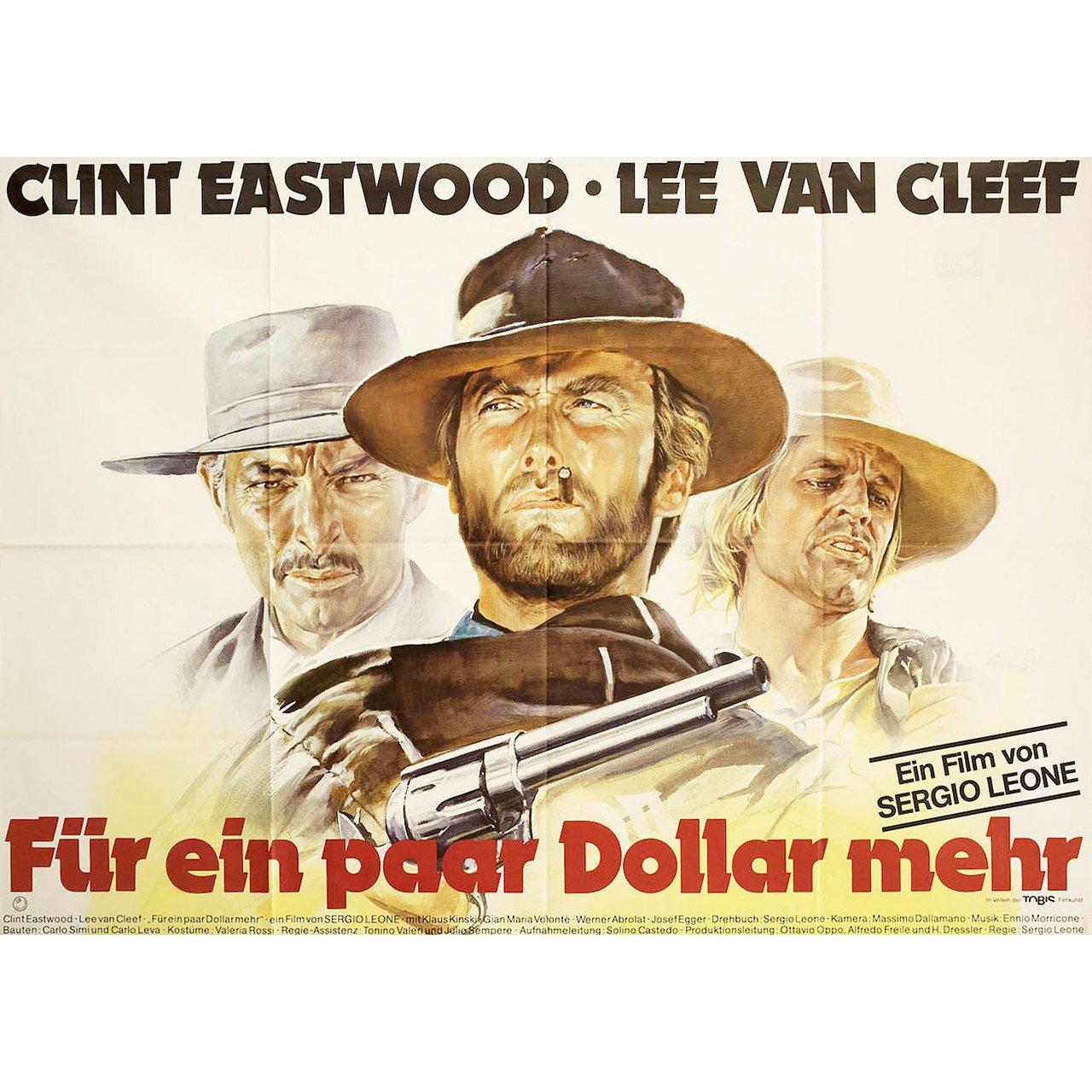 Original 1980s re-release German A0 poster by Renato Casaro for the 1965 film For a Few Dollars More (Per qualche dollaro in piu) directed by Sergio Leone with Clint Eastwood / Lee Van Cleef / Gian Maria Volonte / Mario Brega. Very good-fine