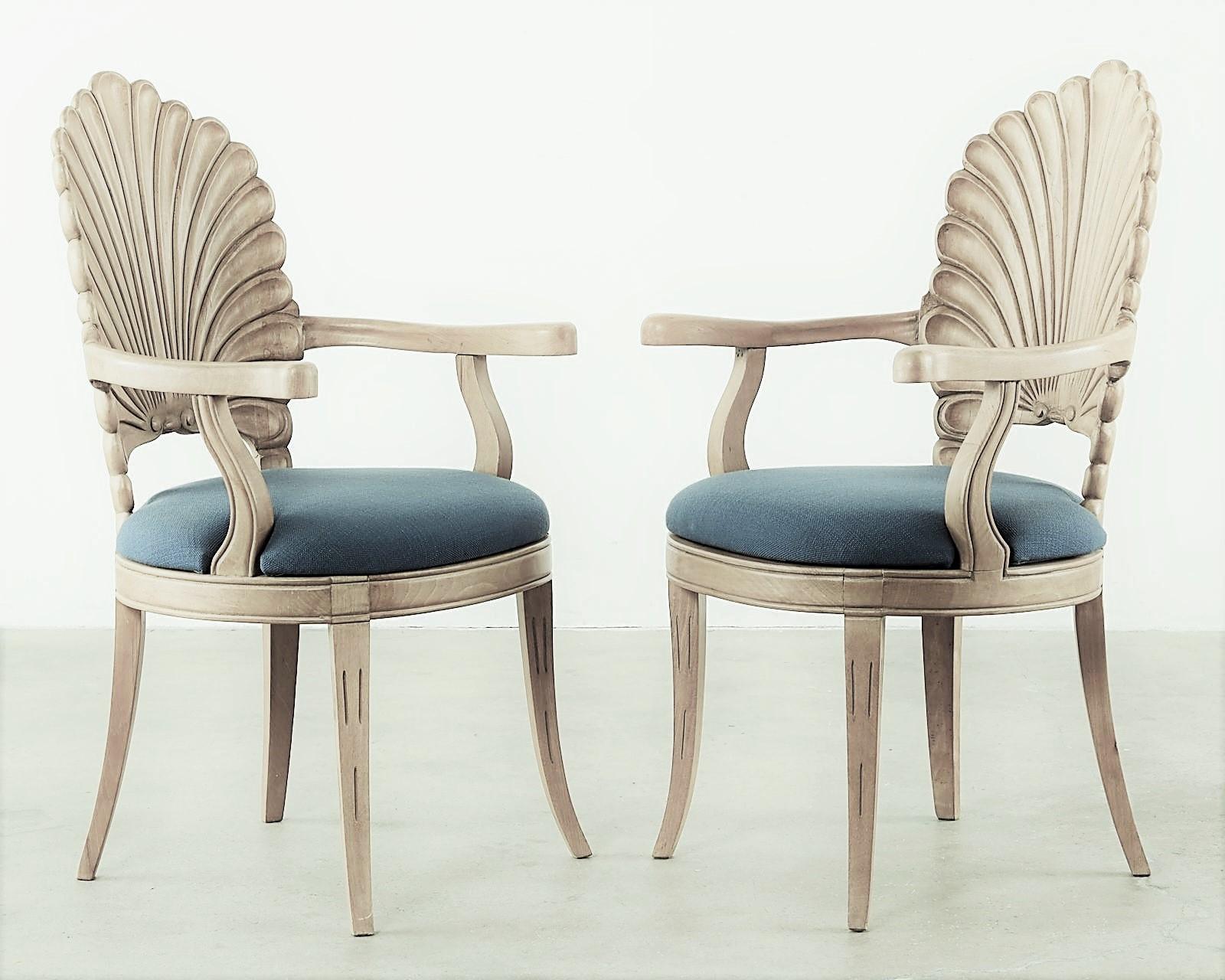 Add a daringly stylish essence to your dining room design with these Grotto style shell back arm chairs. These were handcrafted by highly talented artisans throughout Europe and represents the most exceptional quality and design. Its sleek
