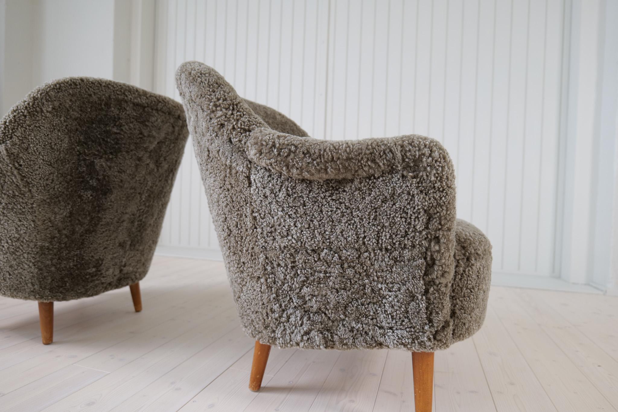 Scandinavian Modern For Allison Sheepskin/Shearling Sofa and two lounge chairs 'Samspel
