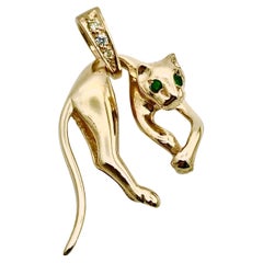 For cat lovers! Gold "Cartier" style cat pendant with diamonds and emeralds