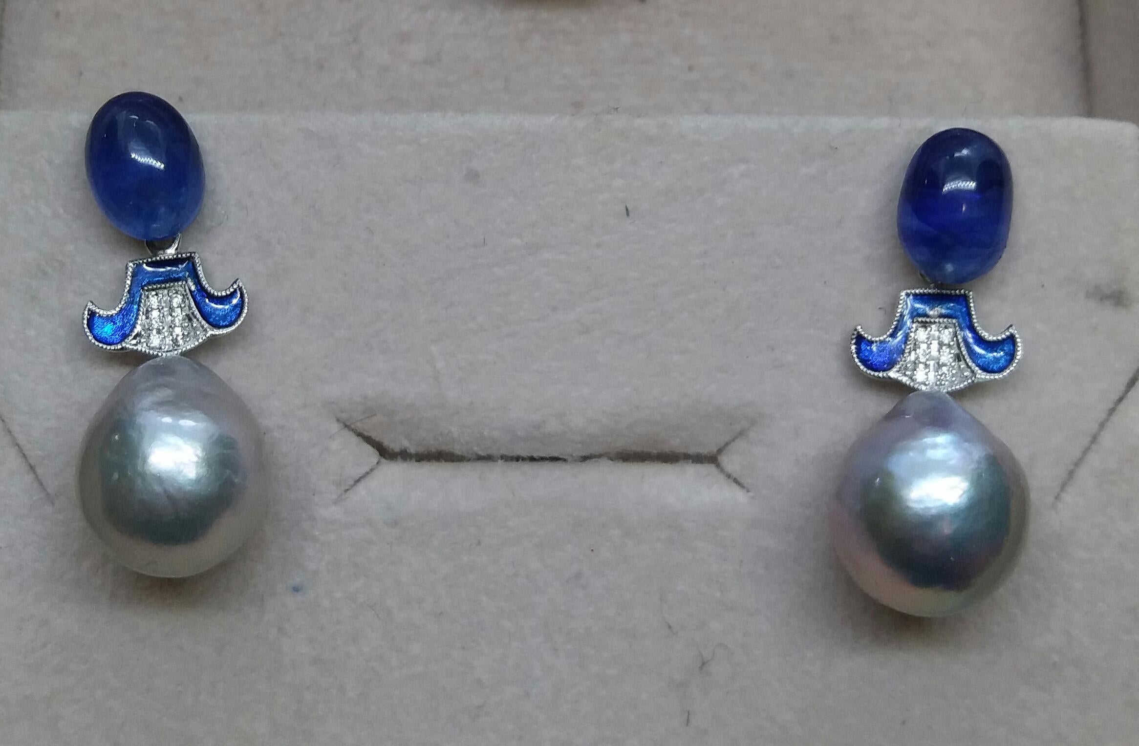 2  Blue Sapphire oval cabs 7,5 x 10 mm. are the upper parts, then the central parts are in white gold,12 round full cut  diamonds and Blue Enamel, the lower parts are composed of 2 Grey Baroque pearls with a diameter of 12 mm each.

In 1978 our