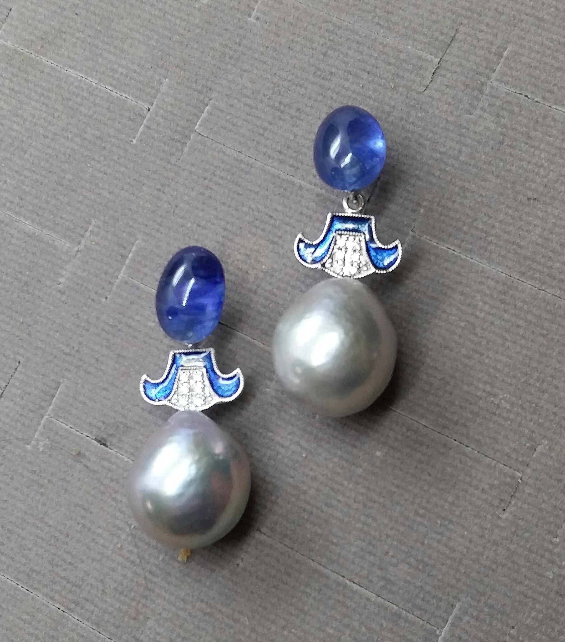 For Chris Grey Baroque Pearls Gold Diamonds Blue Sapphire Enamel Earrings In Good Condition For Sale In Bangkok, TH