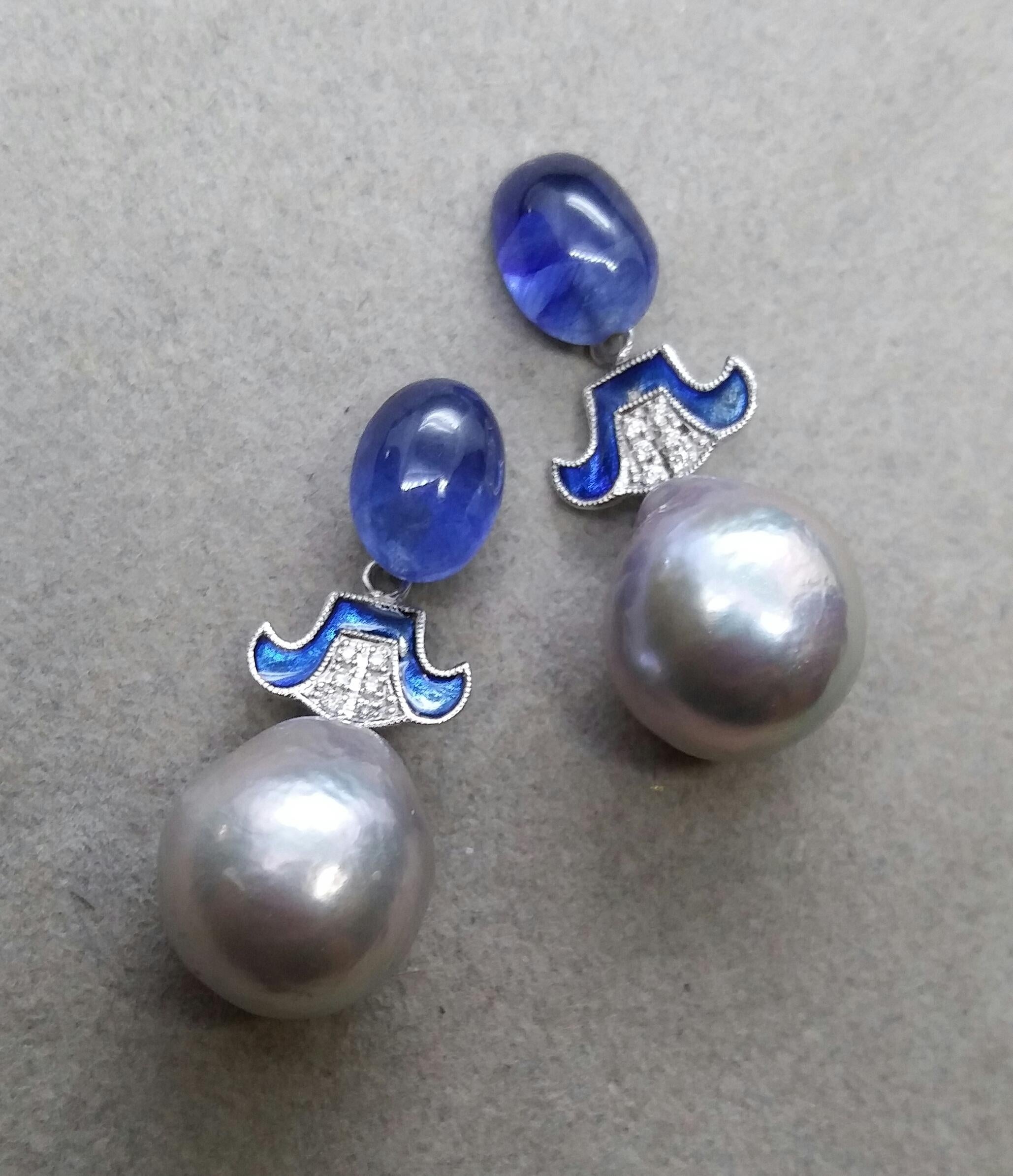 Women's For Chris Grey Baroque Pearls Gold Diamonds Blue Sapphire Enamel Earrings For Sale