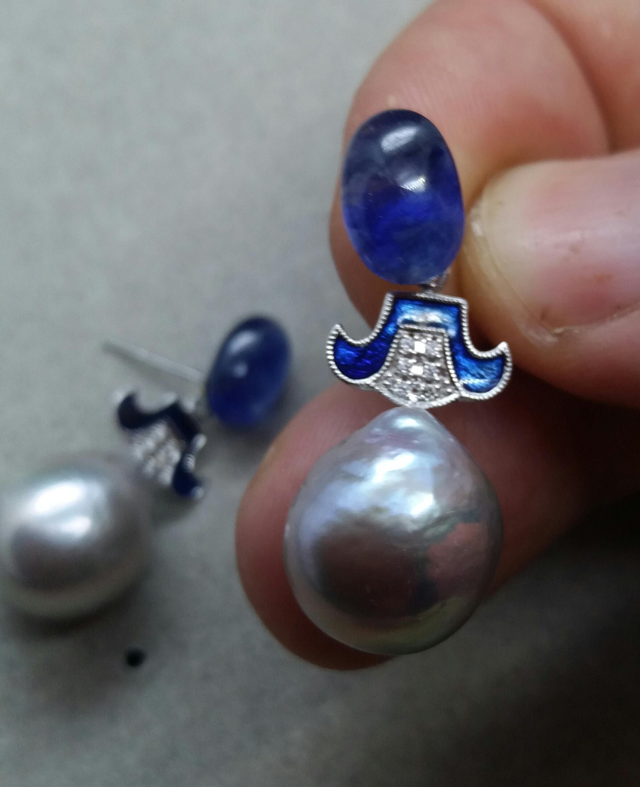For Chris Grey Baroque Pearls Gold Diamonds Blue Sapphire Enamel Earrings For Sale 1