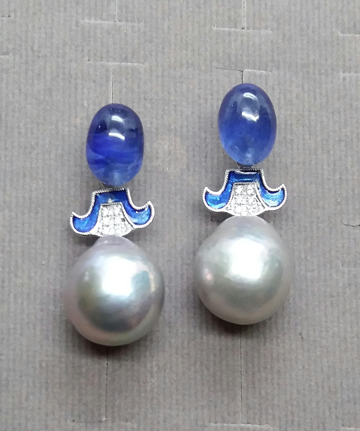 For Chris Grey Baroque Pearls Gold Diamonds Blue Sapphire Enamel Earrings For Sale 3