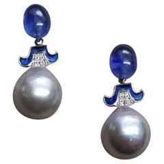 For Chris Grey Baroque Pearls Gold Diamonds Blue Sapphire Enamel Earrings