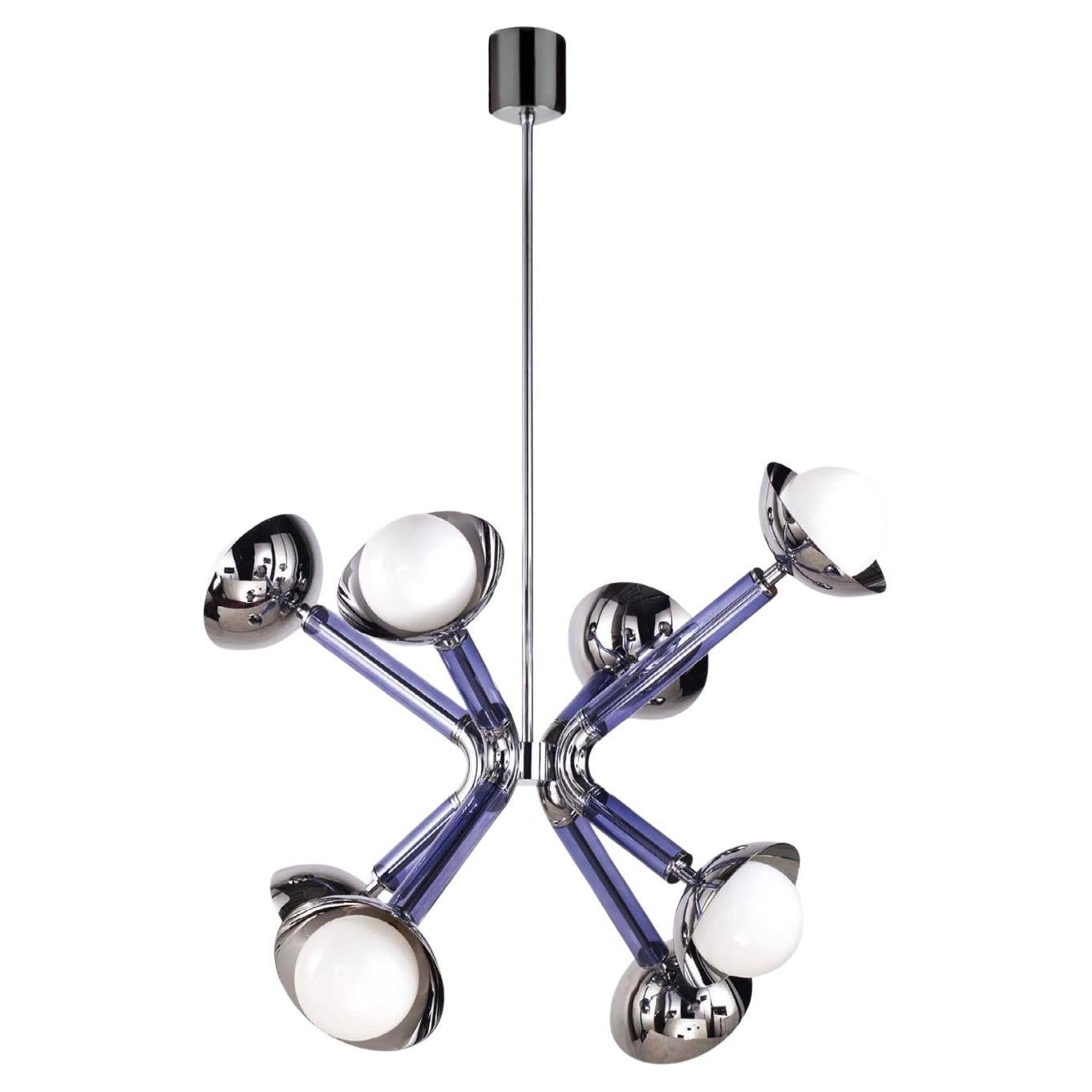 For Cosulich Interiors Modern Italian Purple Blue Glass 8-Light Nickel Sputnik For Sale