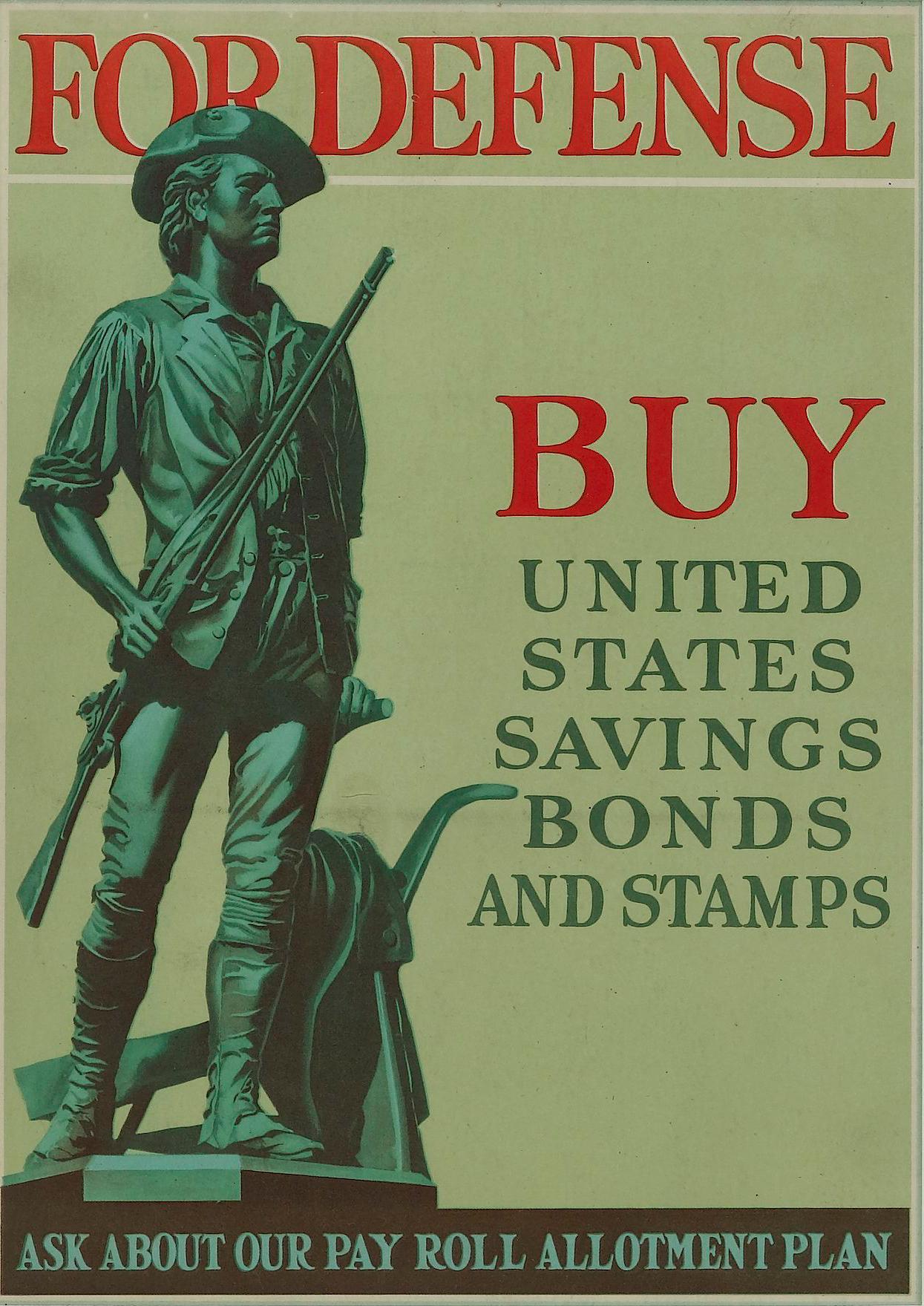 « Pour la défense, achetez des obligations d'épargne et des timbres des États-Unis. » Affiche vintage de la Seconde Guerre mondiale Bon état - En vente à Colorado Springs, CO