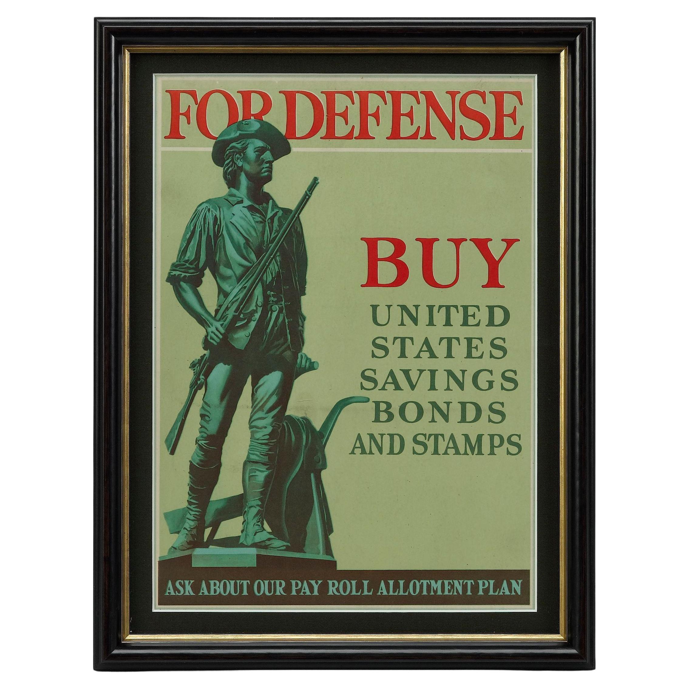 „Für die Verteidigung kaufen Sie Spar Bonds und Stempel der Vereinigten Staaten.“ Poster aus dem Zweiten Weltkrieg