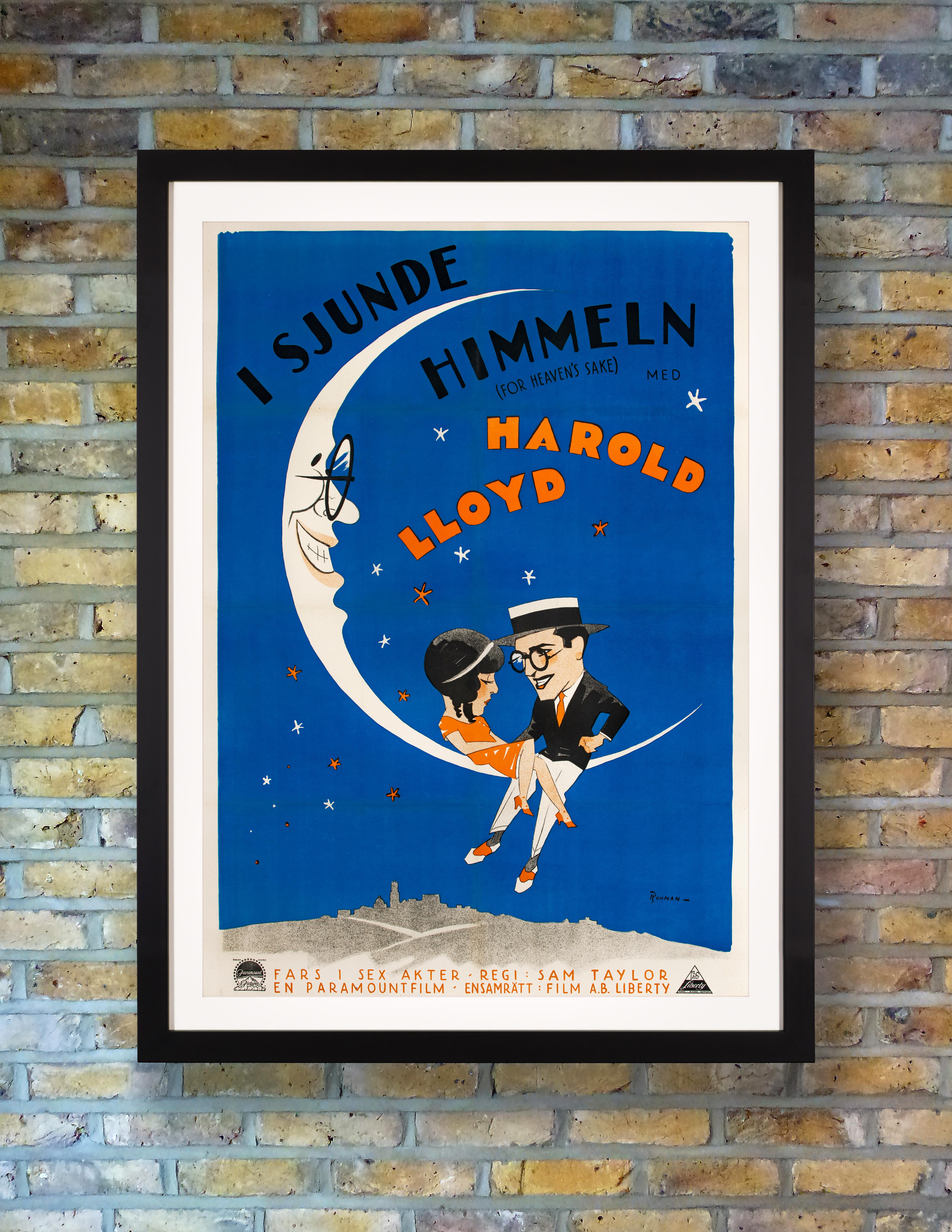 Printed in stunning stone lithography, this extremely rare poster was designed by prolific poster artist Eric Rohman for the original Swedish release of the action-packed 1926 American silent comedy 'For Heaven's Sake,' starring Harold Lloyd - one