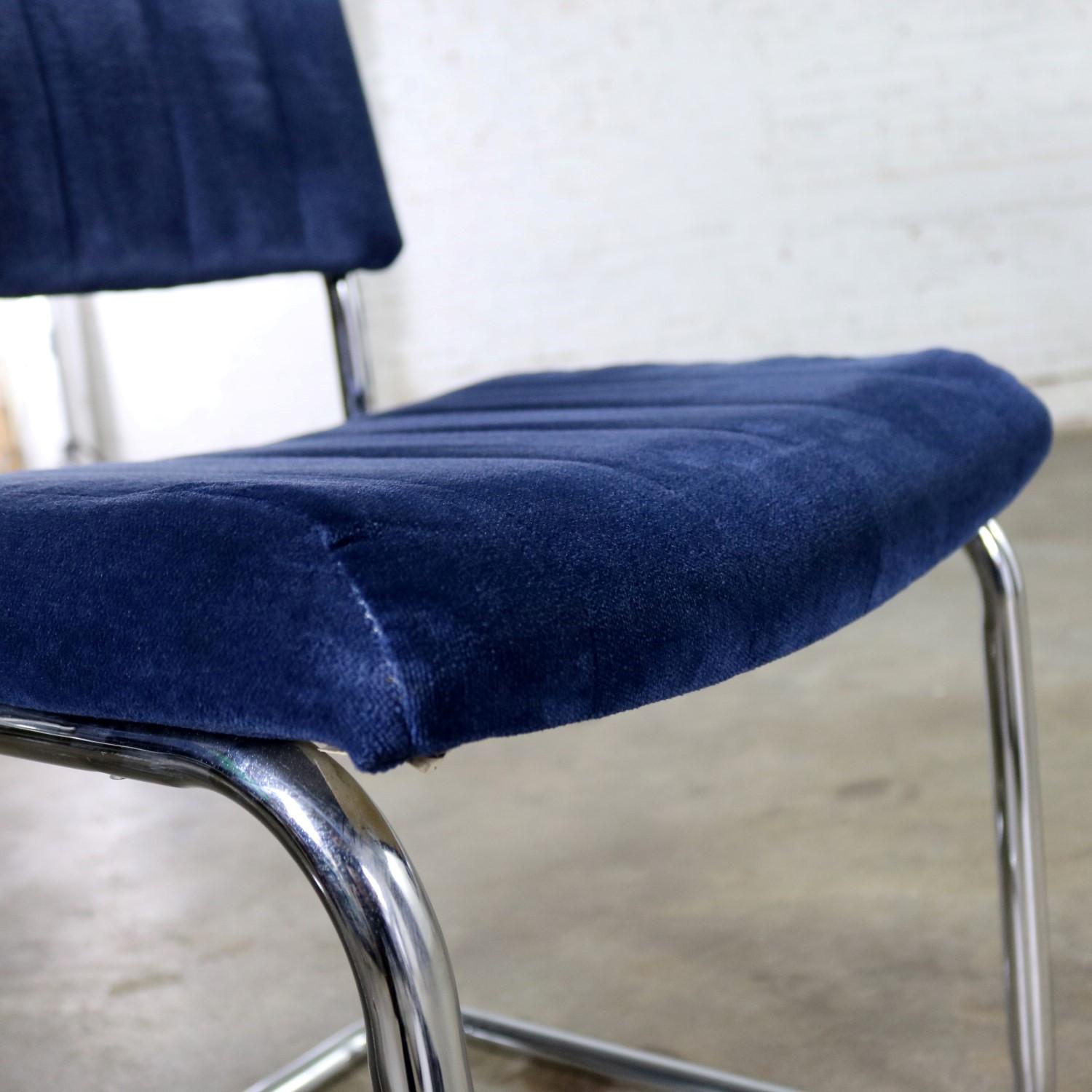 FOR LISA - 4 Cantilevered Chrome Blue Velvet Dining Chairs Marcel Breuer Cesca 5