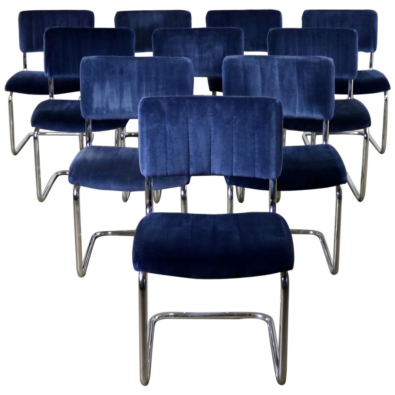 FOR LISA - 4 Cantilevered Chrome Blue Velvet Dining Chairs Marcel Breuer Cesca