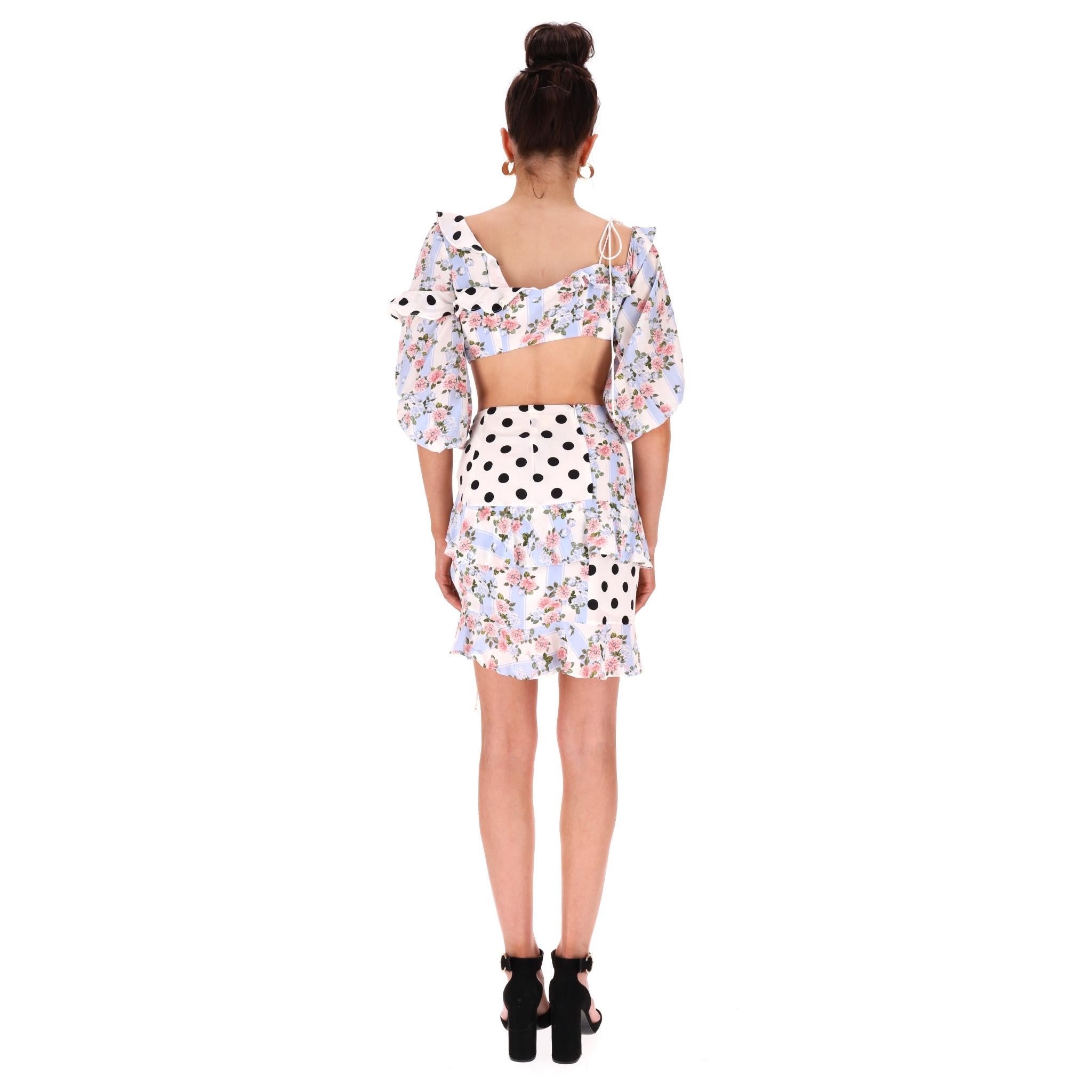 For Love & Lemons Multi-Print Ruffle Detail Cropped Top & Skirt Two-Piece Set en Bueno estado para la venta en London, GB