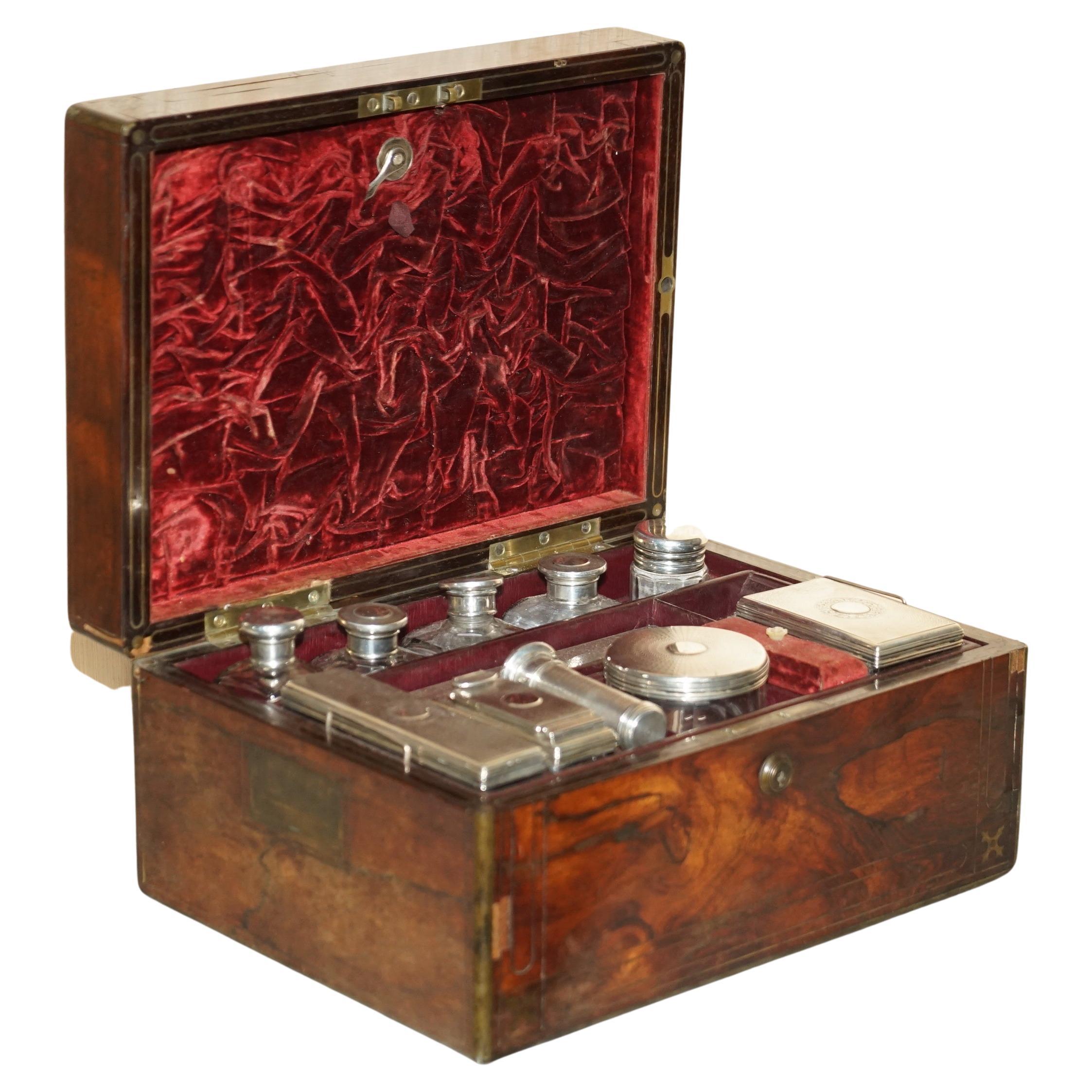 for Restoration Antique Hardwood Brass Vanity Box Sterling Silver Pieces Inside For Sale