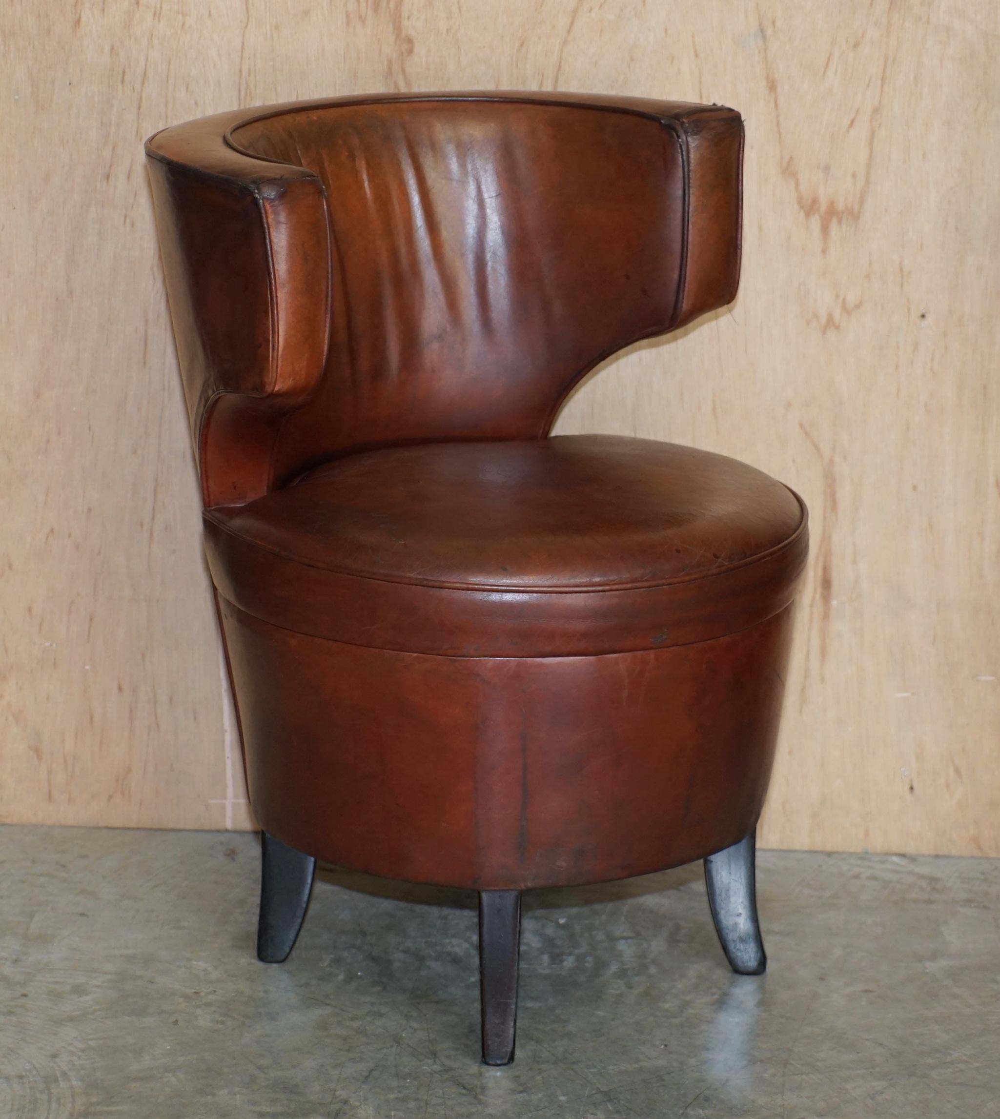 We are delighted to offer this suite of six age brown leather tub armchairs which need some restoration 

These are nicely made comfortable occasional armchairs, they can be used as dining chairs or for bar / café use. Each chair needs a little