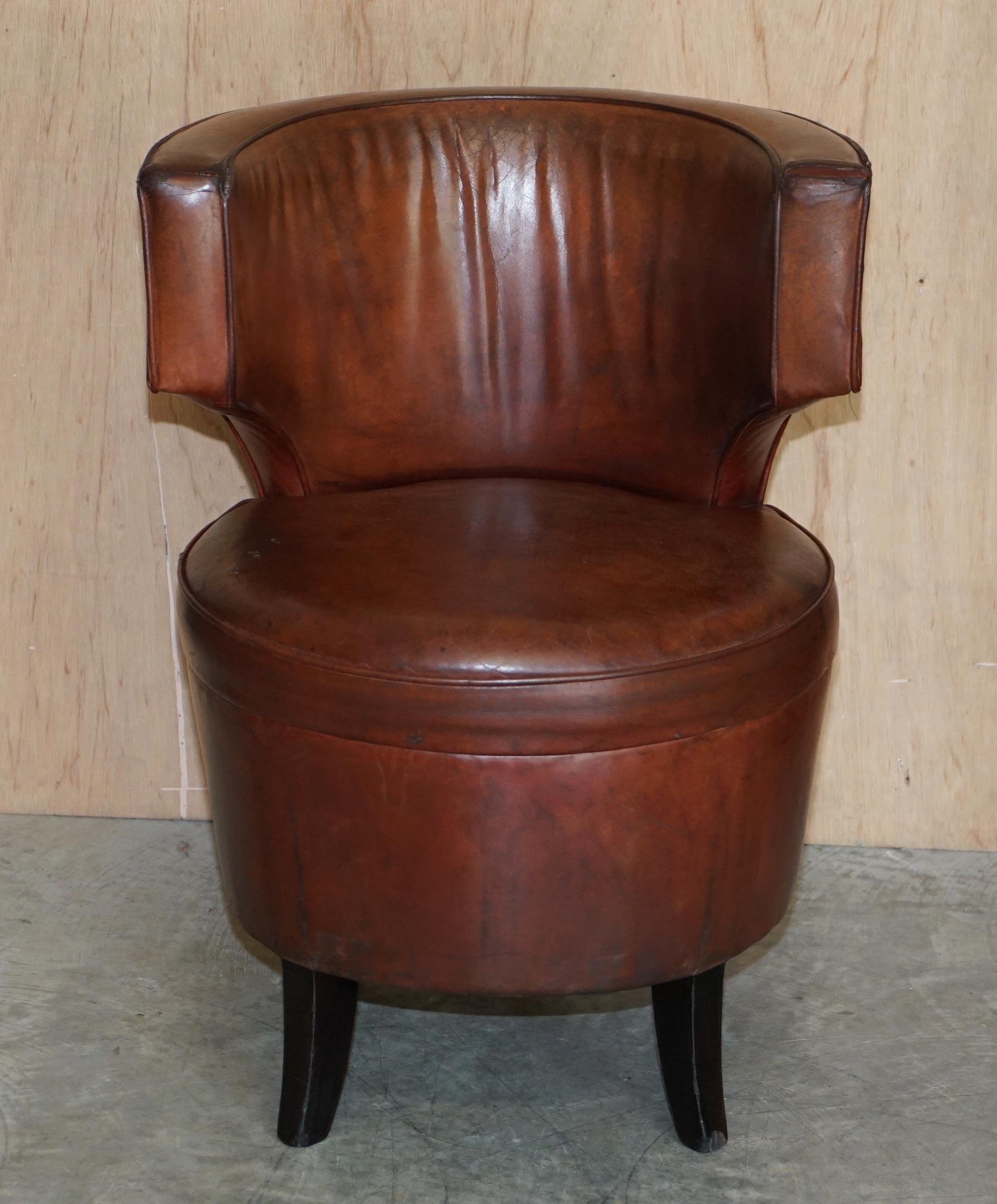 Mid-Century Modern For Restoration Suite of 6 Very Comfortable Aged Brown Leather Tub Armchairs