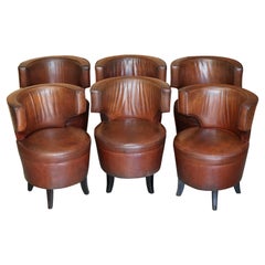 For Restoration Suite of 6 Very Comfortable Aged Brown Leather Tub Armchairs