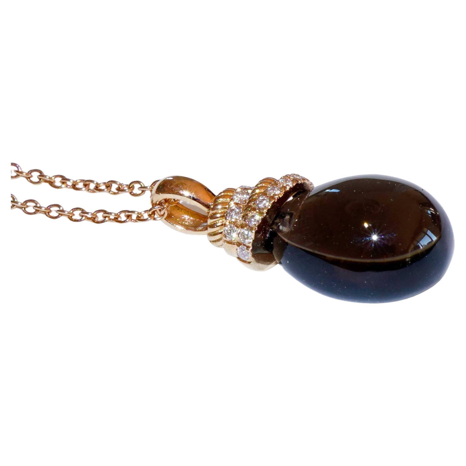 .. sweet necklace with suspension in chased knotted rope shape with 12 x 8.5 mm large, smoothly cut smoky quartz drop in fine colour quality approx. 3.99 ct, suspension with eyelet and full-cut brilliant-cut diamonds set with a total of approx. 0.05