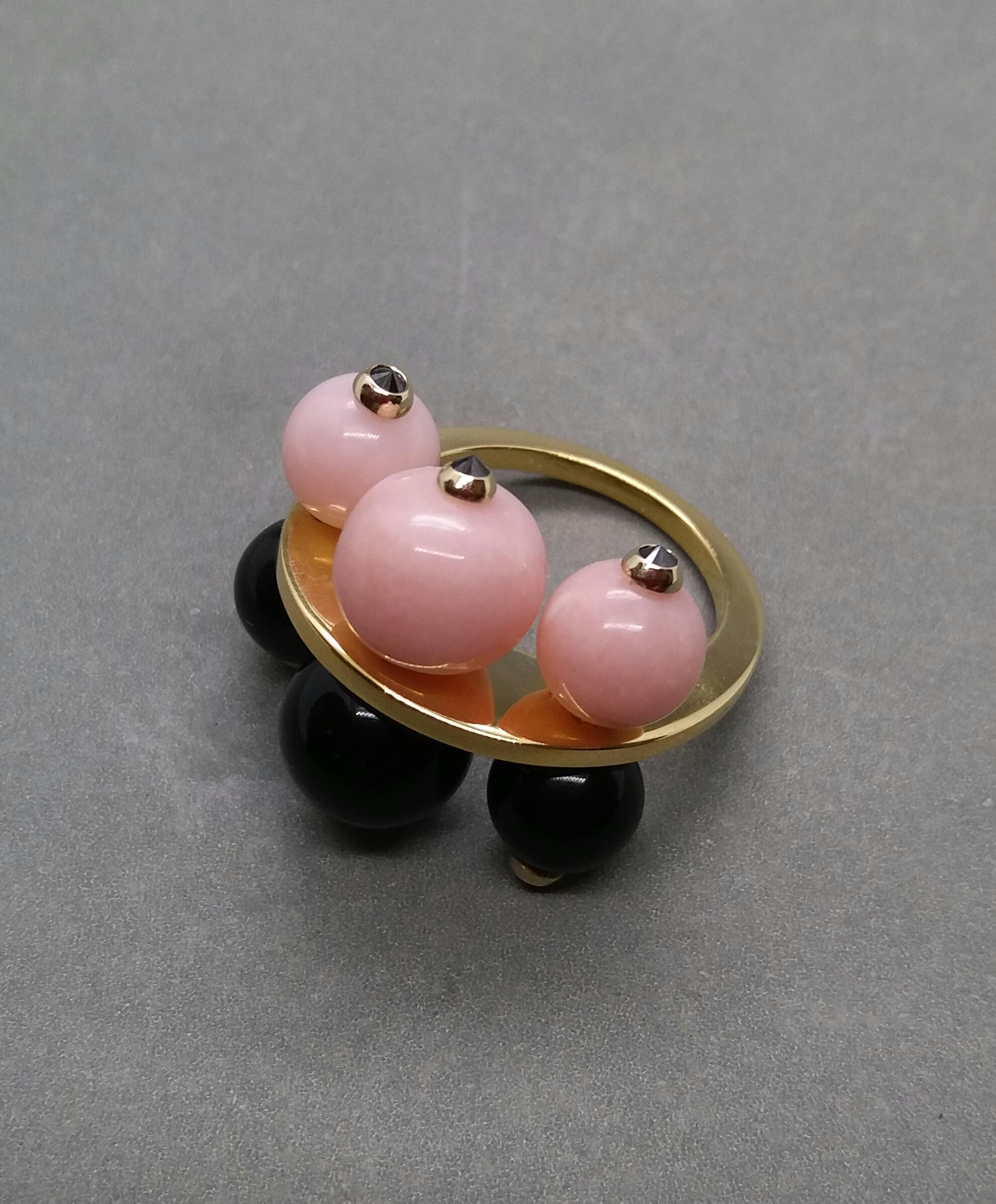 Art Deco for Shaira Gold Black Onyx and Pink Opal Round Beads Rubies Black Diamonds Ring For Sale