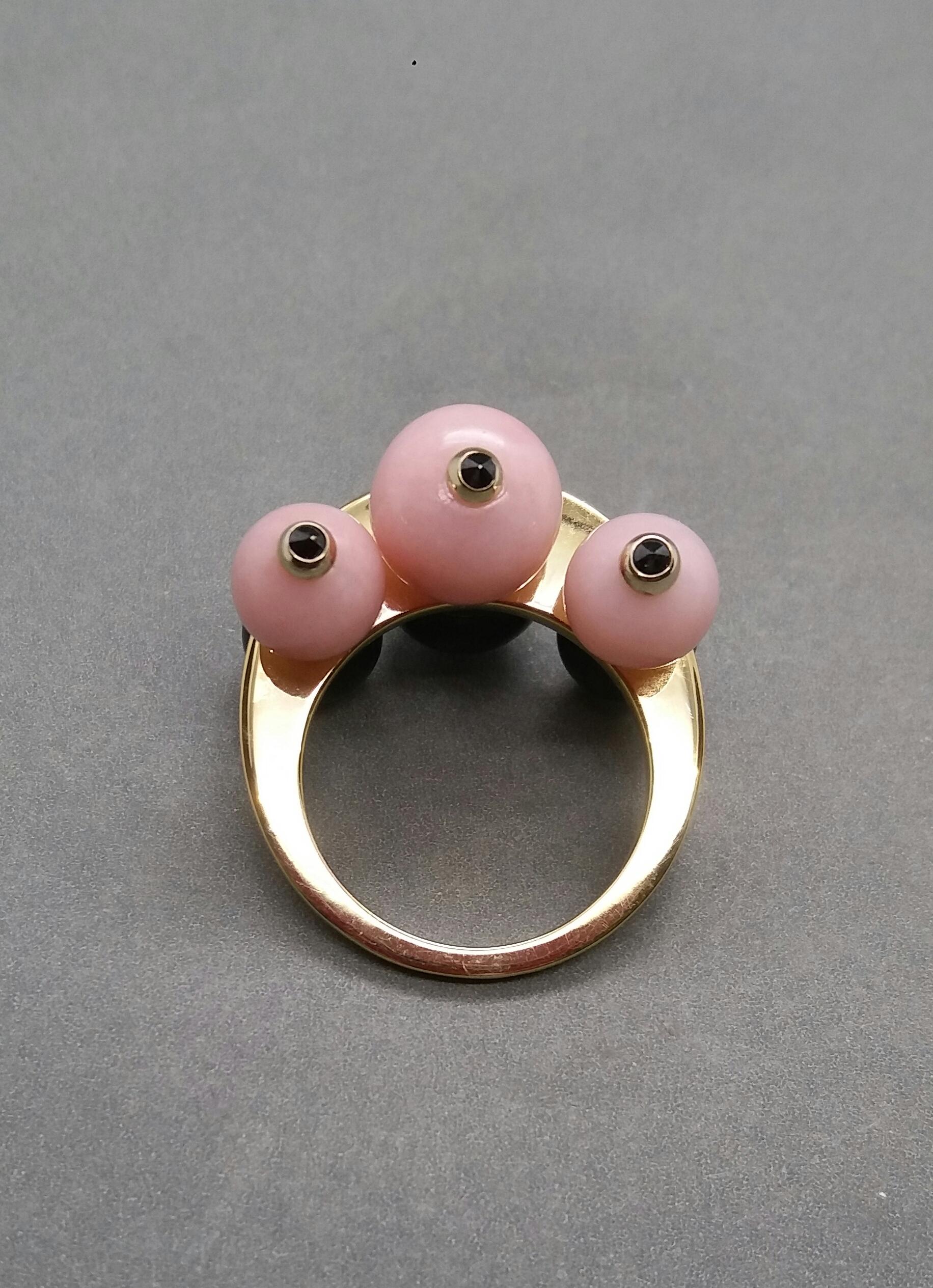 for Shaira Gold Black Onyx and Pink Opal Round Beads Rubies Black Diamonds Ring For Sale 1