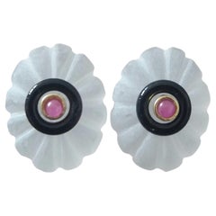 For Shelley Satinated Carved Quartz Cabs 14K gold Ruby Black Onyx Stud Ears